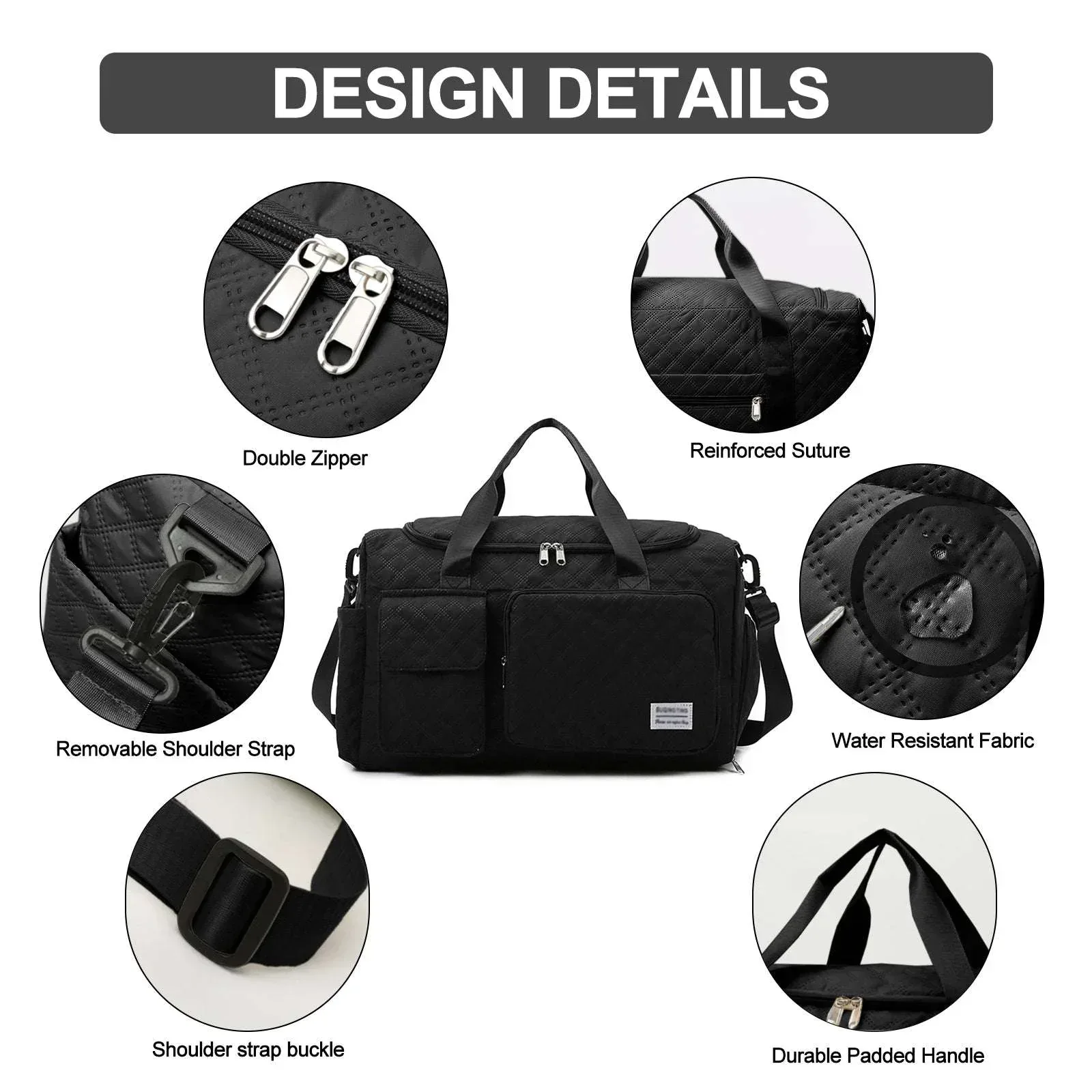 DAKIMOE Travel Duffle Bag for Women Men, Weekender Bags Carry on Gym Bag with Wet Pocket/Adjustable Strap/Shoe Compartment, Foldable Waterproof Overnight Tote Bag for Plane Sports Dance, Black - Image 6