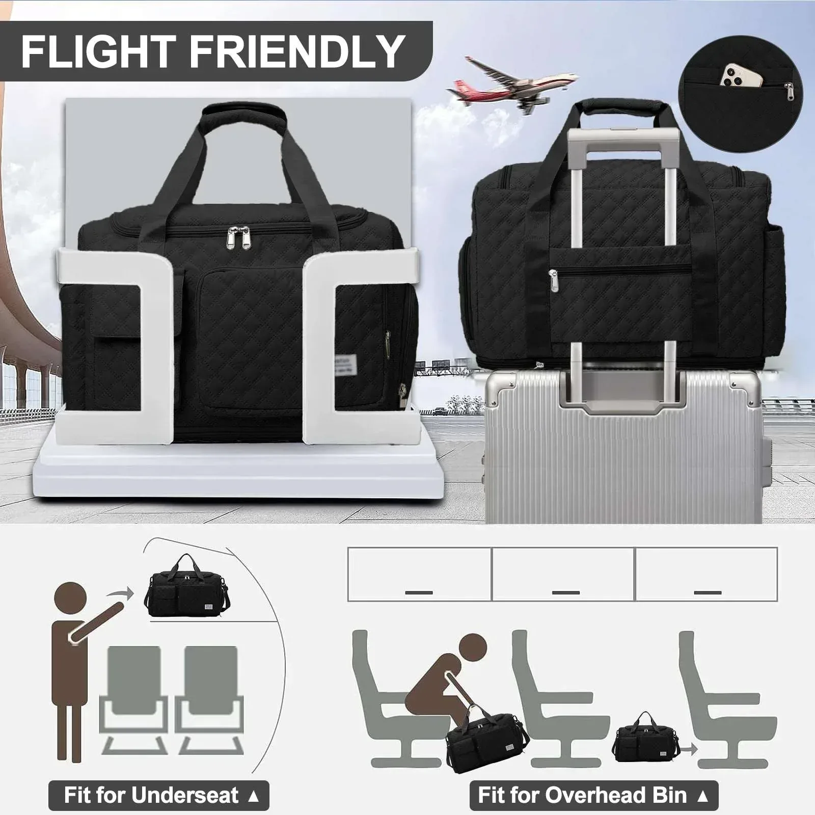 DAKIMOE Travel Duffle Bag for Women Men, Weekender Bags Carry on Gym Bag with Wet Pocket/Adjustable Strap/Shoe Compartment, Foldable Waterproof Overnight Tote Bag for Plane Sports Dance, Black - Image 7
