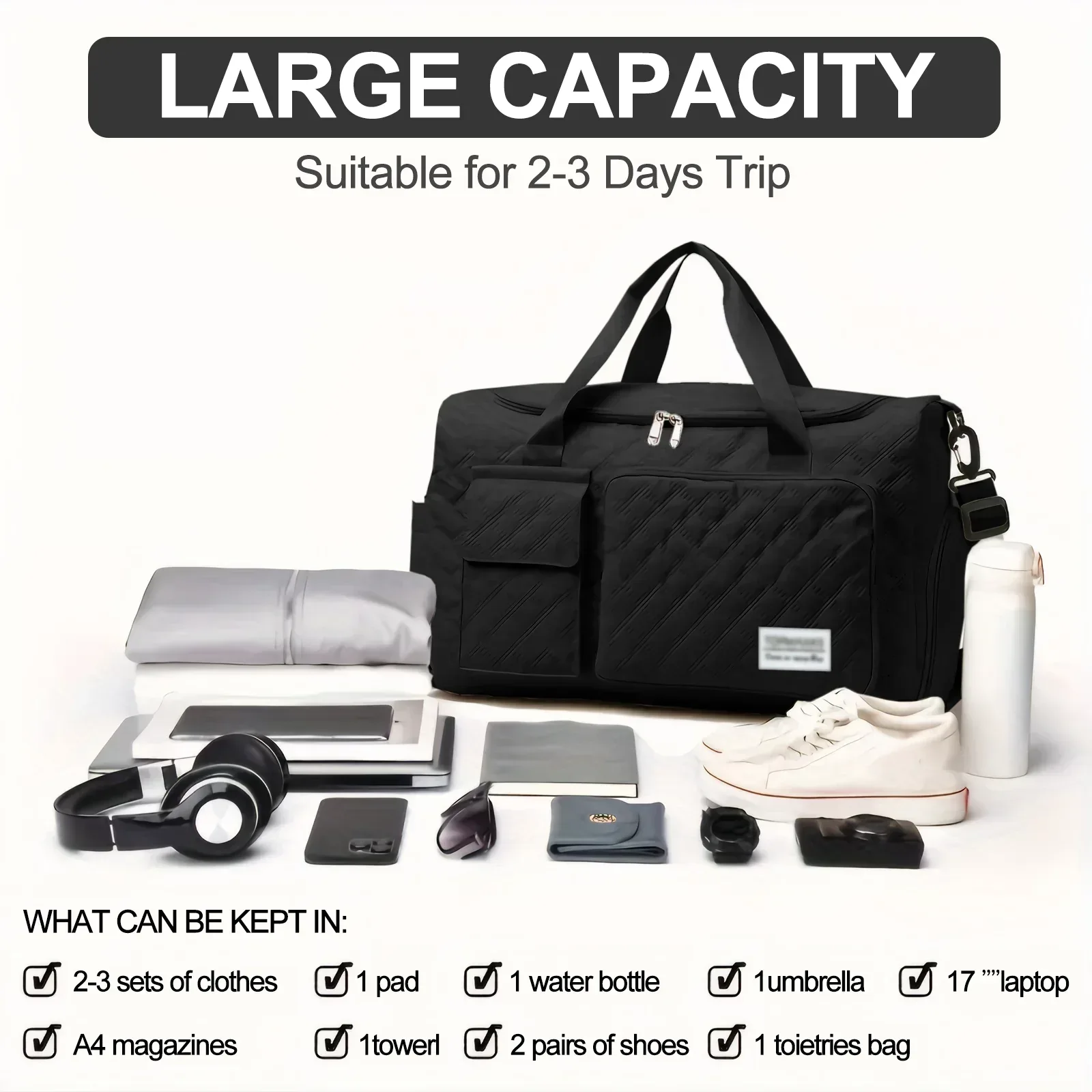 DAKIMOE Travel Duffle Bag for Women Men, Weekender Bags Carry on Gym Bag with Wet Pocket/Adjustable Strap/Shoe Compartment, Foldable Waterproof Overnight Tote Bag for Plane Sports Dance, Black - Image 8