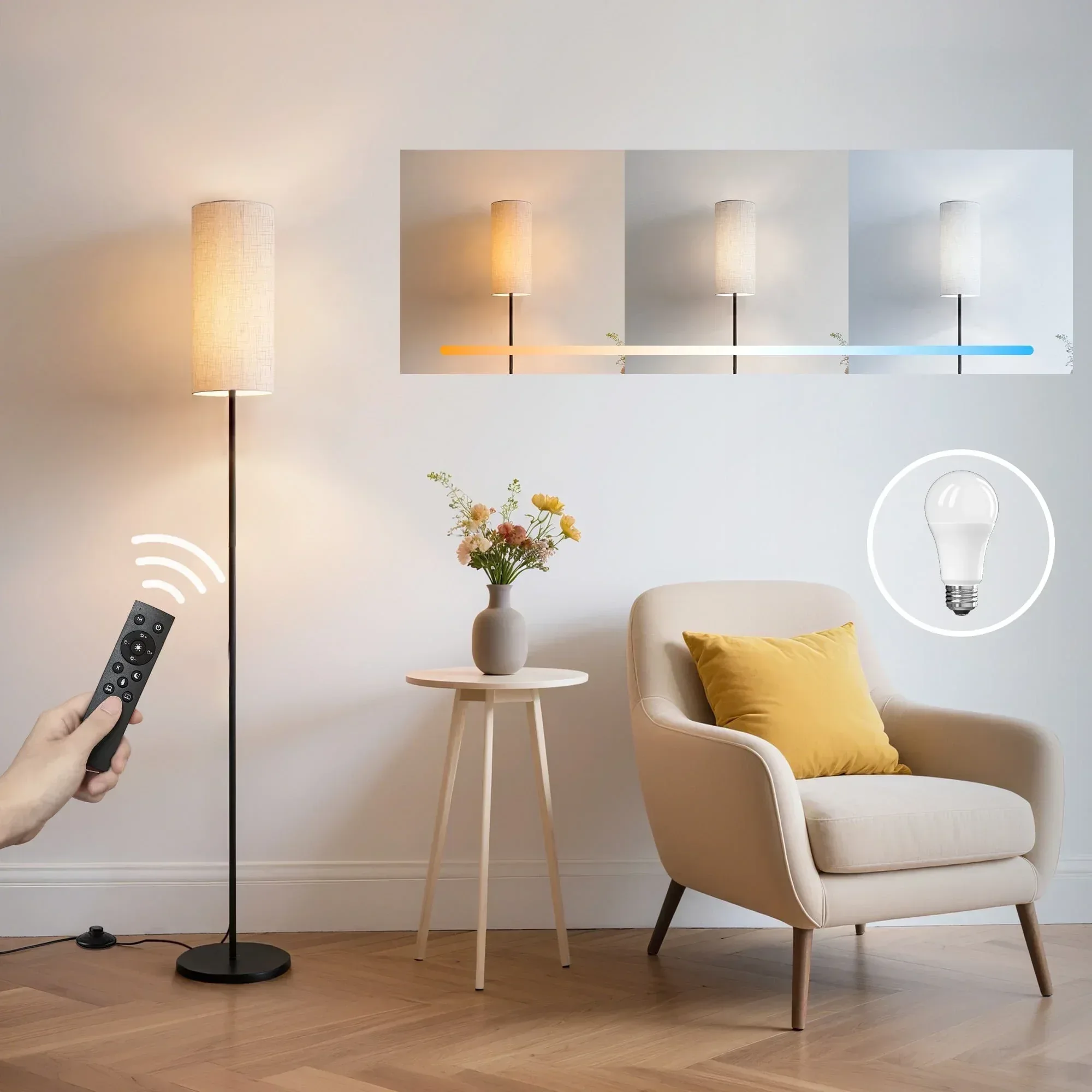 DAYBETTER LED Floor Lamp, with Remote Control, 3000K-6000K Stepless Dimming, 9W LED Bulbs, Standing Lamps for Living Room, Bedroom, Office