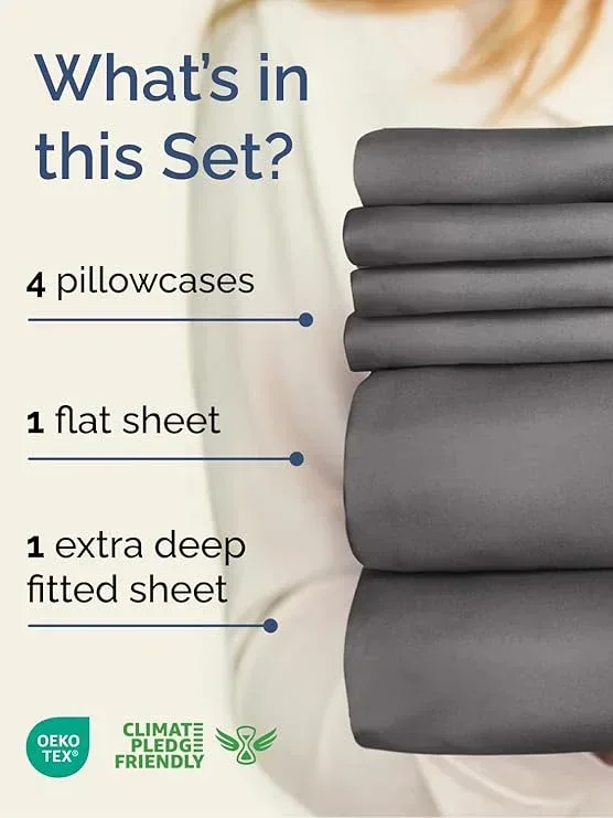 Deep Pocket Fitted Bed Sheet Set with Pillowcases, Soft Breathable Fabric, 160 * 200cm (Gray) - Image 4