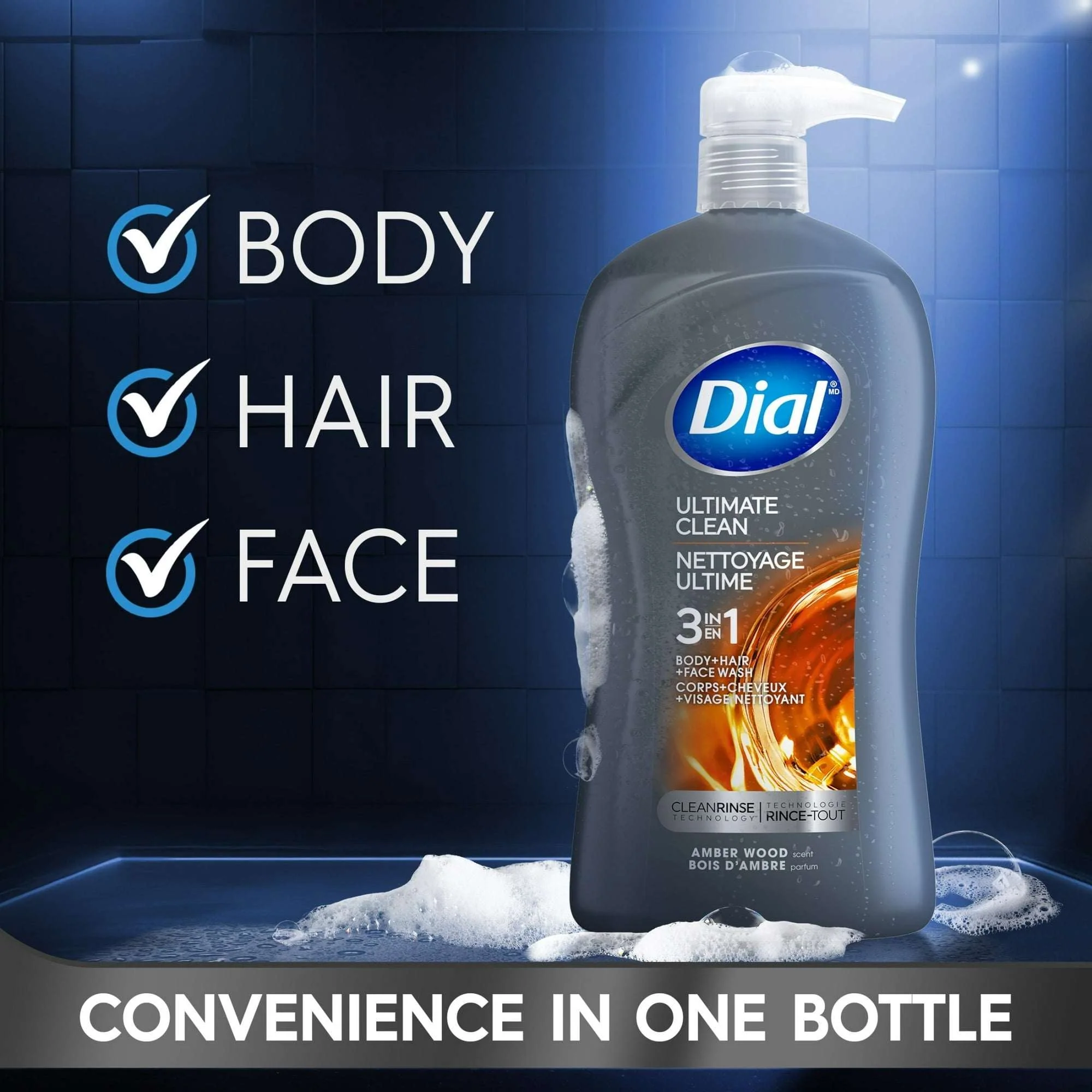 Dial Ultimate Clean 3-in-1 Men's Body Wash for Body, Hair & Face, Amber Wood Scent, 32 oz - Image 3