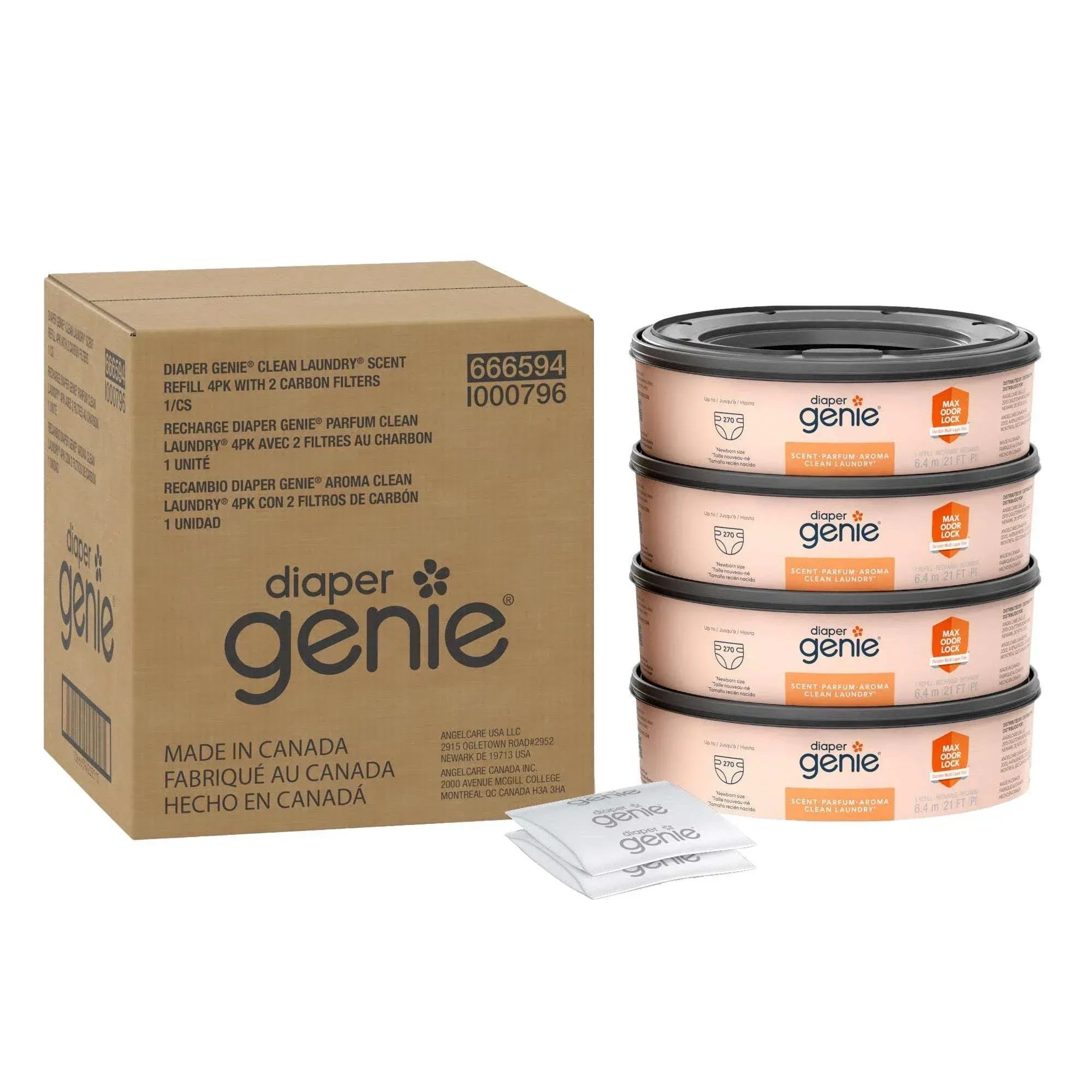 Diaper Genie Clean Laundry Scent Round Refill 4-pack, 1080-count, Plus 2 Carbon Filters - Image 2