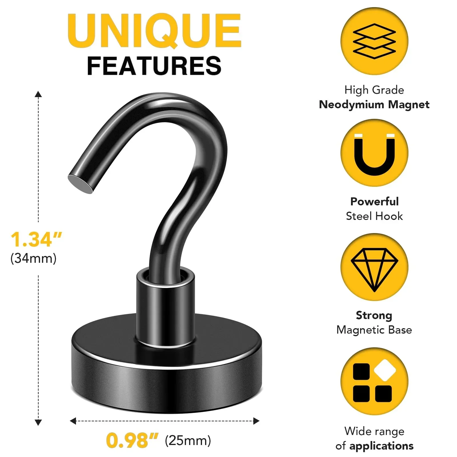 DIYMAG 10 Pcs Magnetic Hooks, 80Lbs Heavy Duty Rare Earth Neodymium Magnetic Hanger for Hardware Tools, Garage, Office, Kitchen (Black) - Image 3