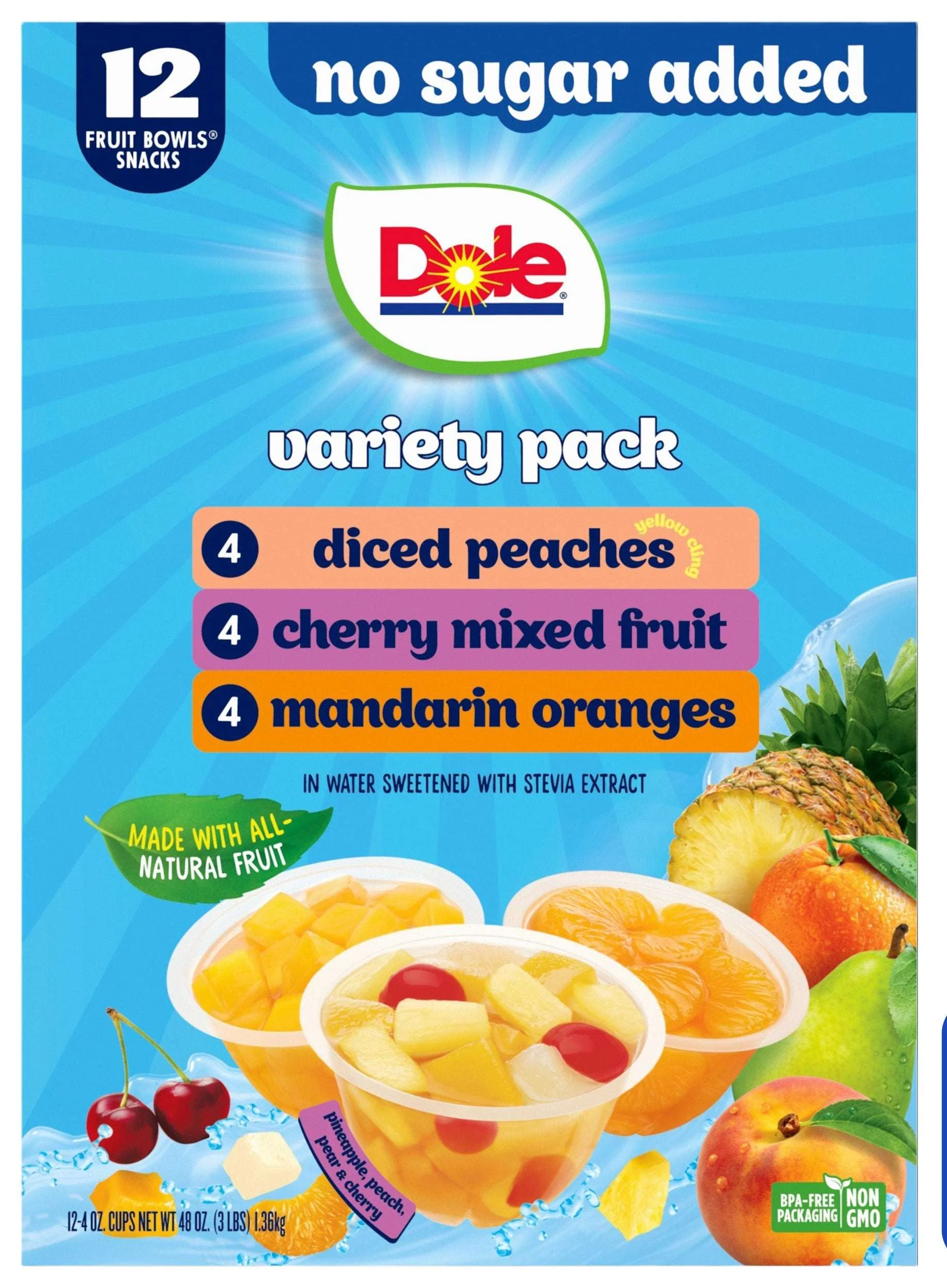Dole Fruit Bowls No Sugar Added Variety Pack, 4 oz Cups (12 Pack)