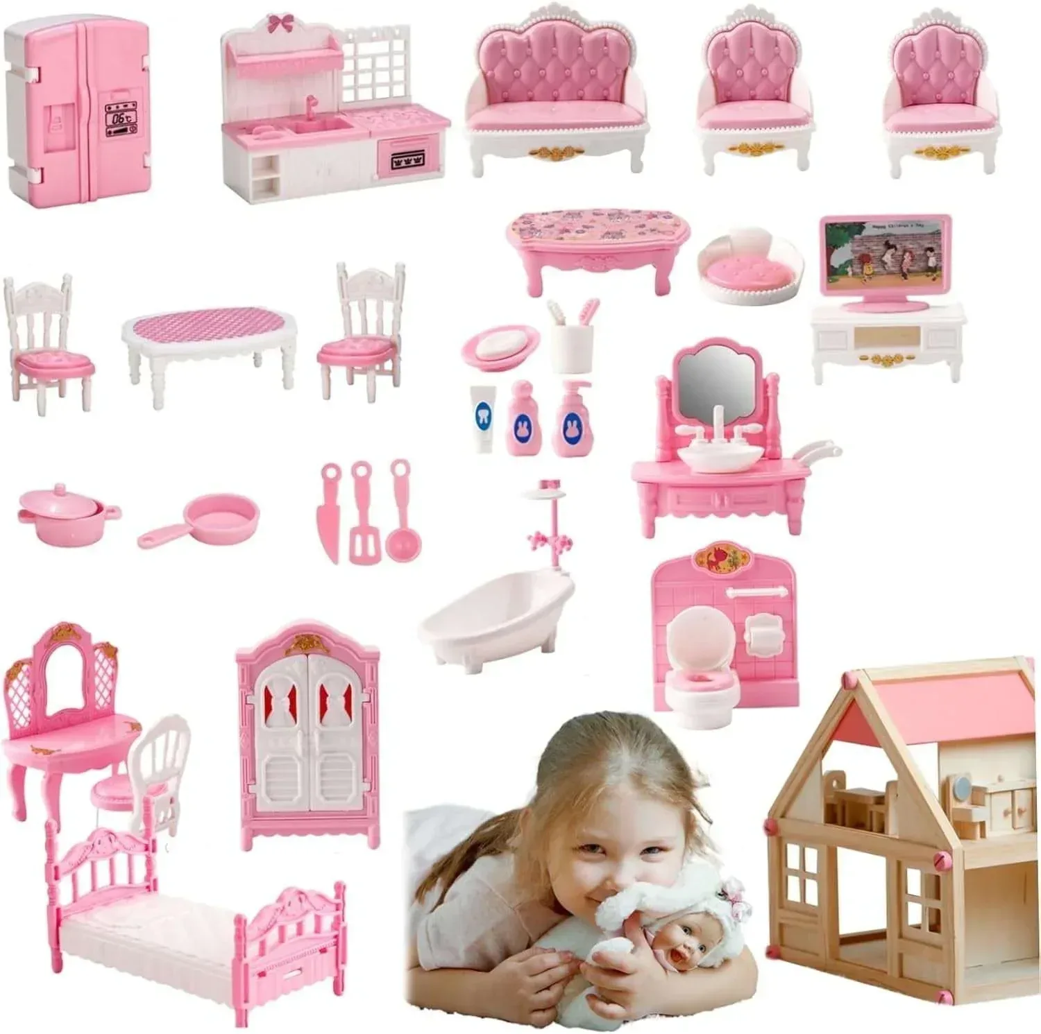 Dollhouse Furniture Set Accessories,Small Dollhouse Miniature Pretend Play Family Toys Gift,Toddler Boy Girl Kid 3Y+ Mini Bedroom/Livingroom/Bathroom/Kitchen