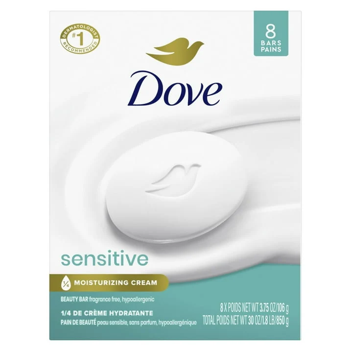 Dove Beauty Bar Women's Bath Soap Sensitive, 3.75 oz 8 Bars