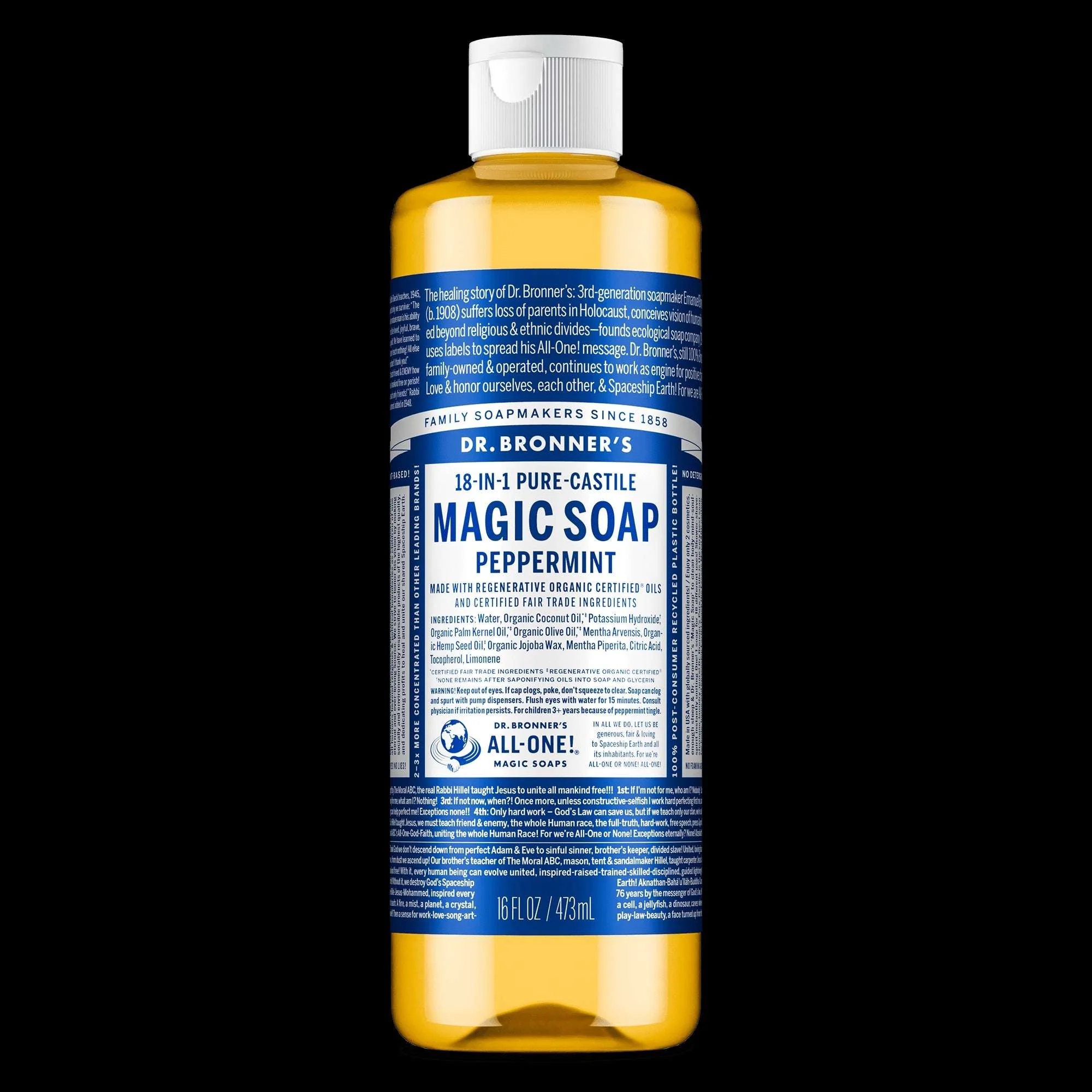 Dr. Bronner's Magic Soap - Peppermint- Pure-Castile Liquid Soap - 16 fl oz – for Face, Body Wash, Hands