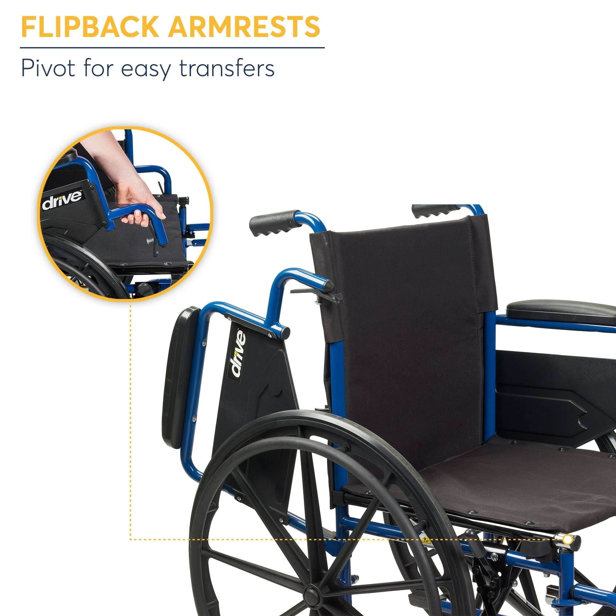 Drive Medical Blue Streak Manual Wheelchair with Flip-Back Desk Arms and Swing-Away Footrests, Steel Frame, 20 inch Seat - Image 2