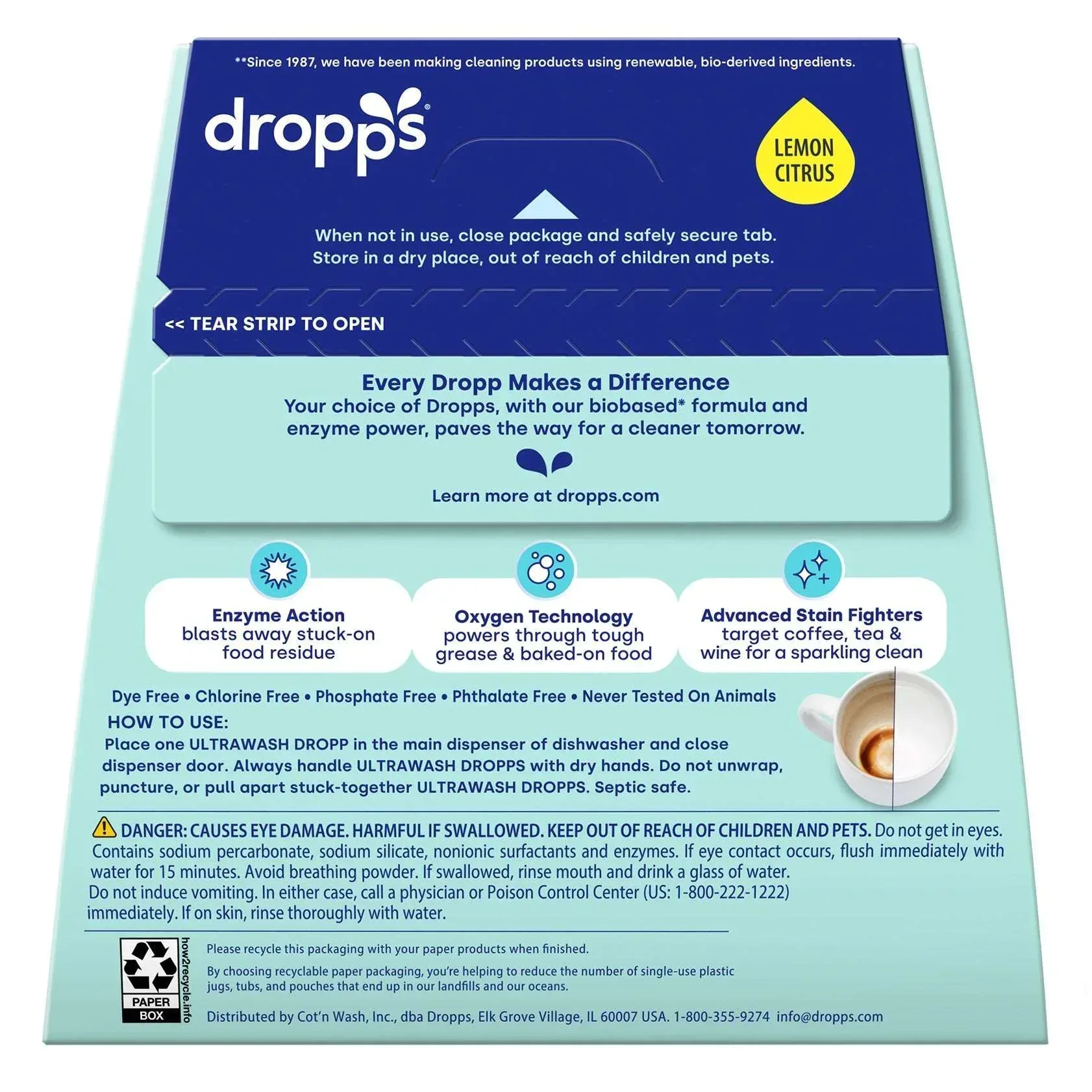 Dropps Ultrawash Biobased* Power Dishwasher Detergent Pacs, Lemon Citrus, 128-count - Image 2