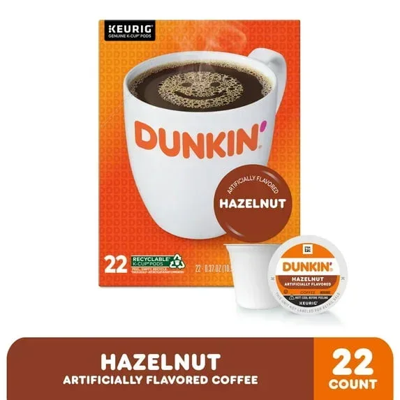 Dunkin’ Hazelnut Artificially Flavored Coffee, Keurig K Cup Pods, 22 Count Box