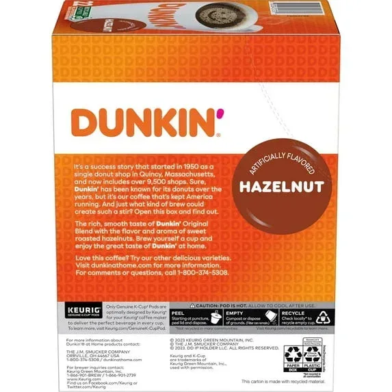 Dunkin’ Hazelnut Artificially Flavored Coffee, Keurig K Cup Pods, 22 Count Box - Image 2
