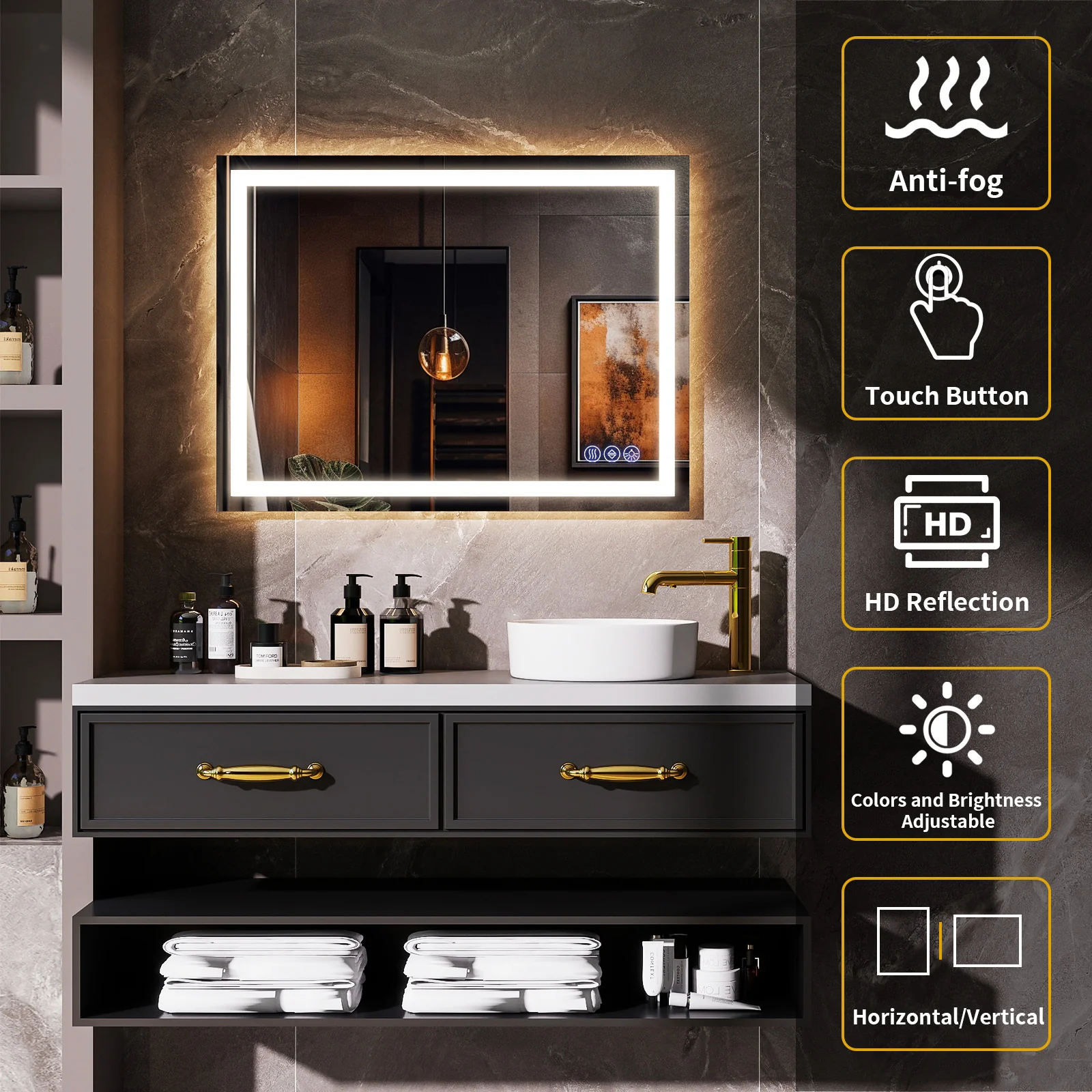 Easy4Home 24"x32" LED Bathroom Mirror Wall Mounted Anti-Fog Vanity Mirror with Adjustable Lights, White - Image 2