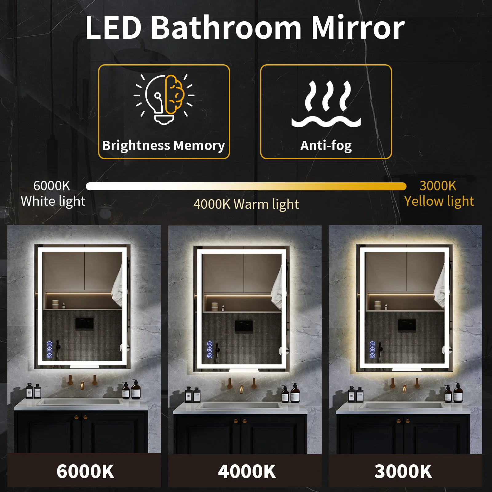 Easy4Home 24"x32" LED Bathroom Mirror Wall Mounted Anti-Fog Vanity Mirror with Adjustable Lights, White - Image 4