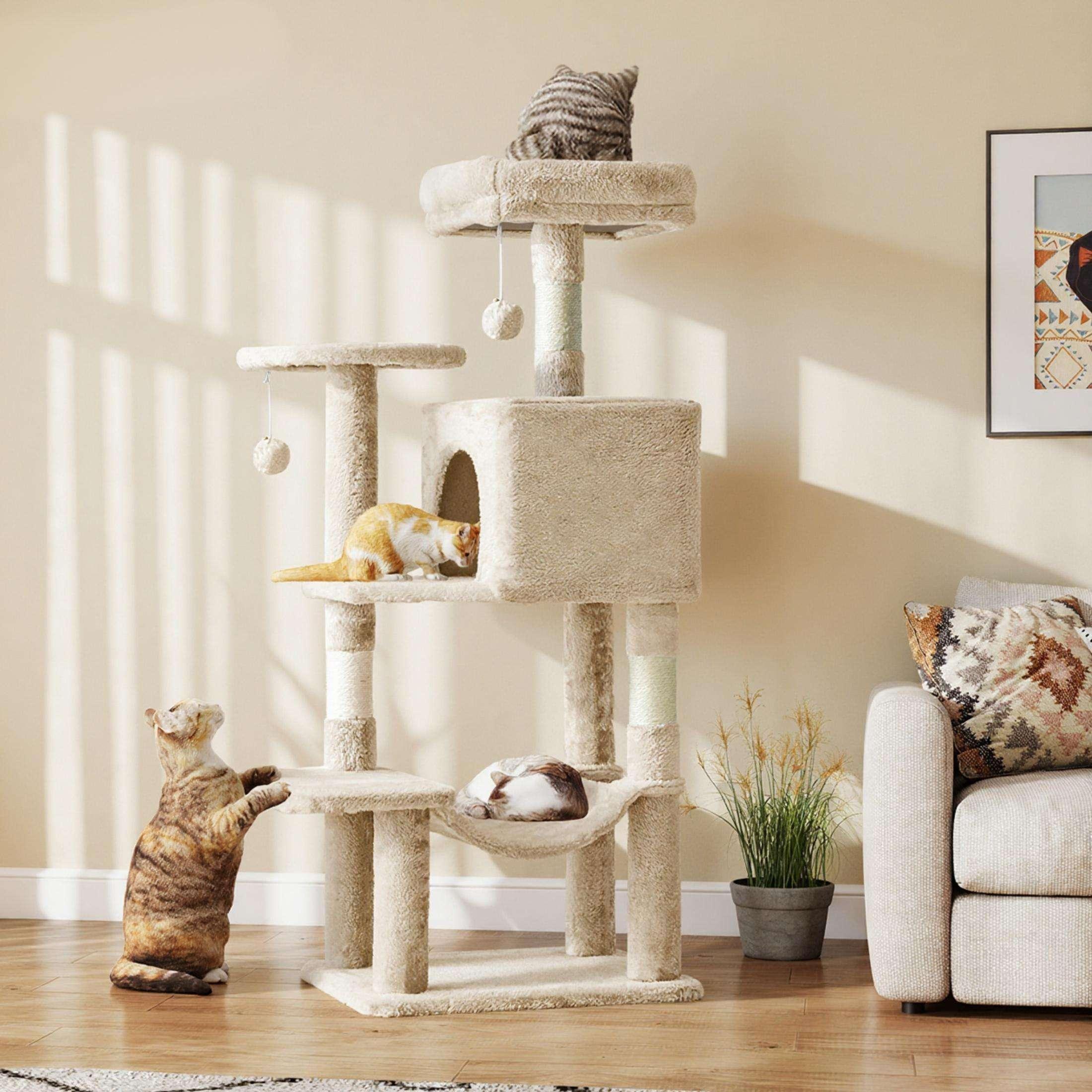 EDX 44" Cat Tree Tower for Indoor Cats, Multi-Level Durable Climbing Tower, Pet House with Natural Sisal Scratching Post, Cozy Condo, Extended Platform, Kitten Toy and Hammock, Beige - Image 9