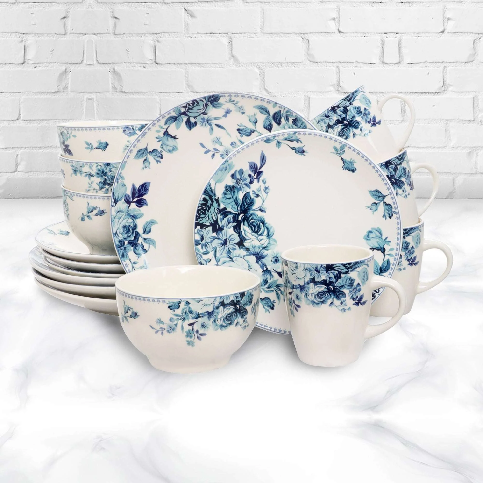 Elama Blue Rose Traditional 16 Piece Elegant Dinnerware Set - Image 2