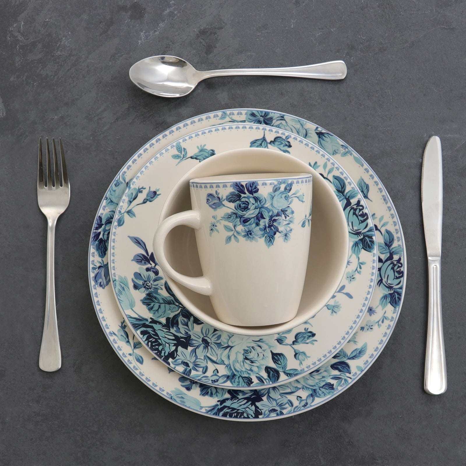 Elama Blue Rose Traditional 16 Piece Elegant Dinnerware Set - Image 3