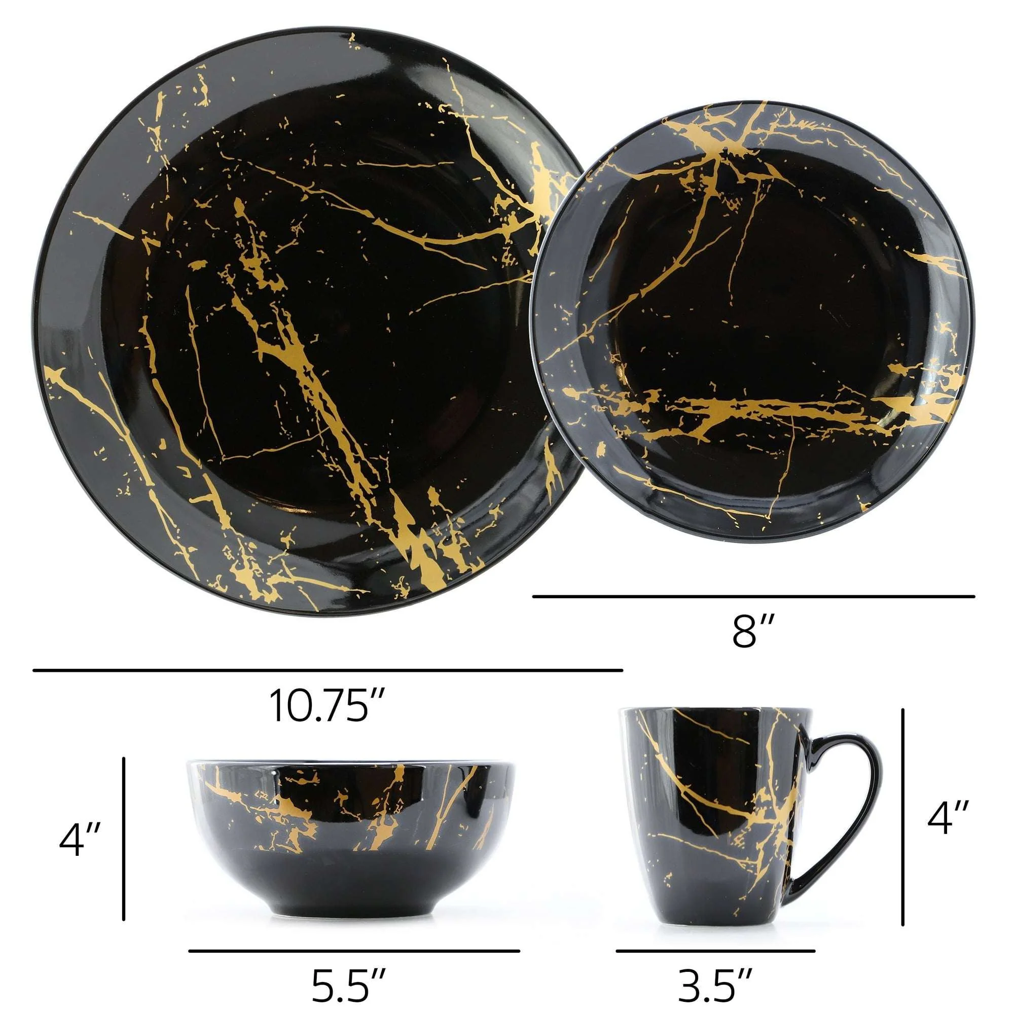 Elama Fine Marble 16 Piece Porcelain Dinnerware Set in Black with Gold Veins - Image 5