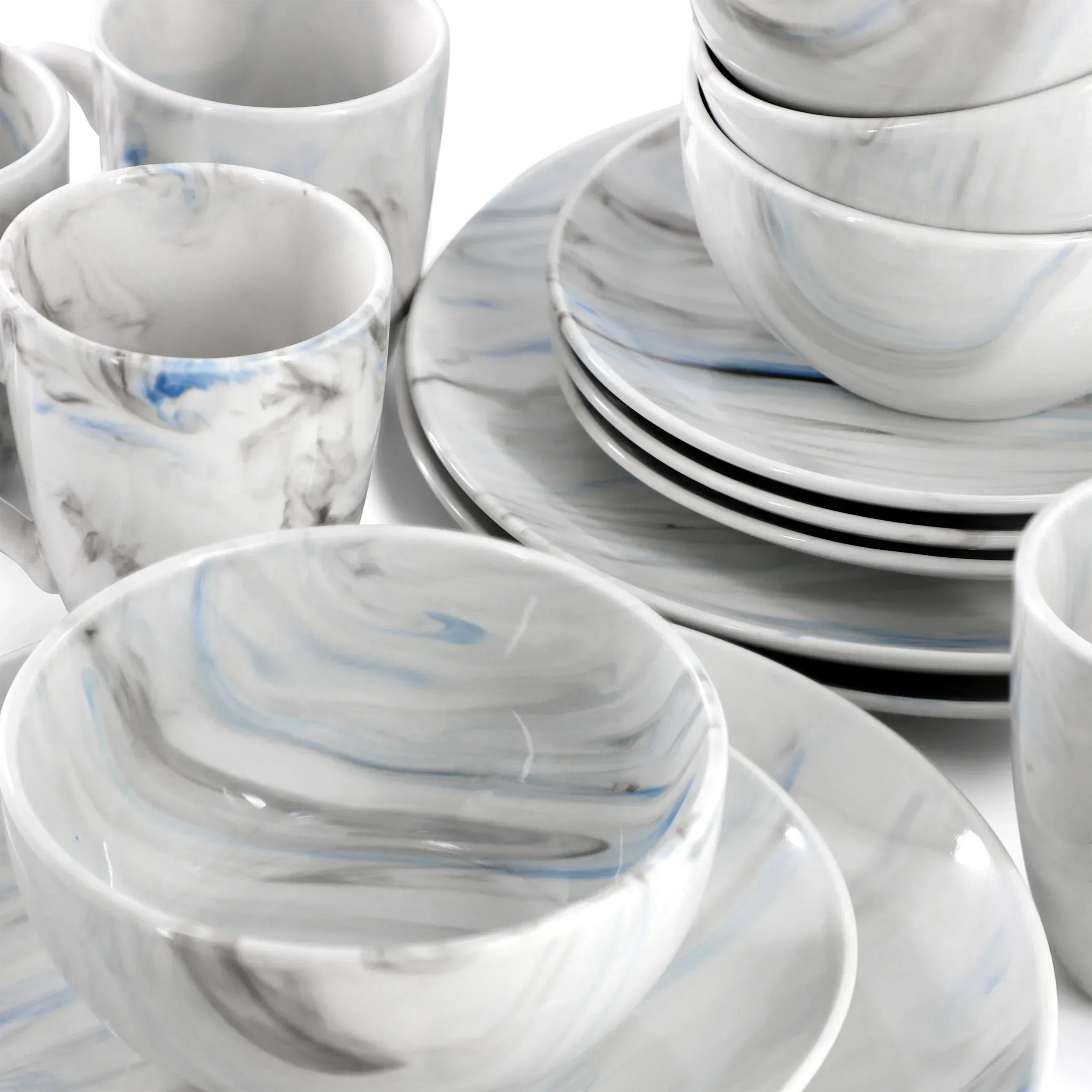 Elama Fine Marble 16 Piece Porcelain Dinnerware Set in Blue and Gray, Service for 4 - Image 6