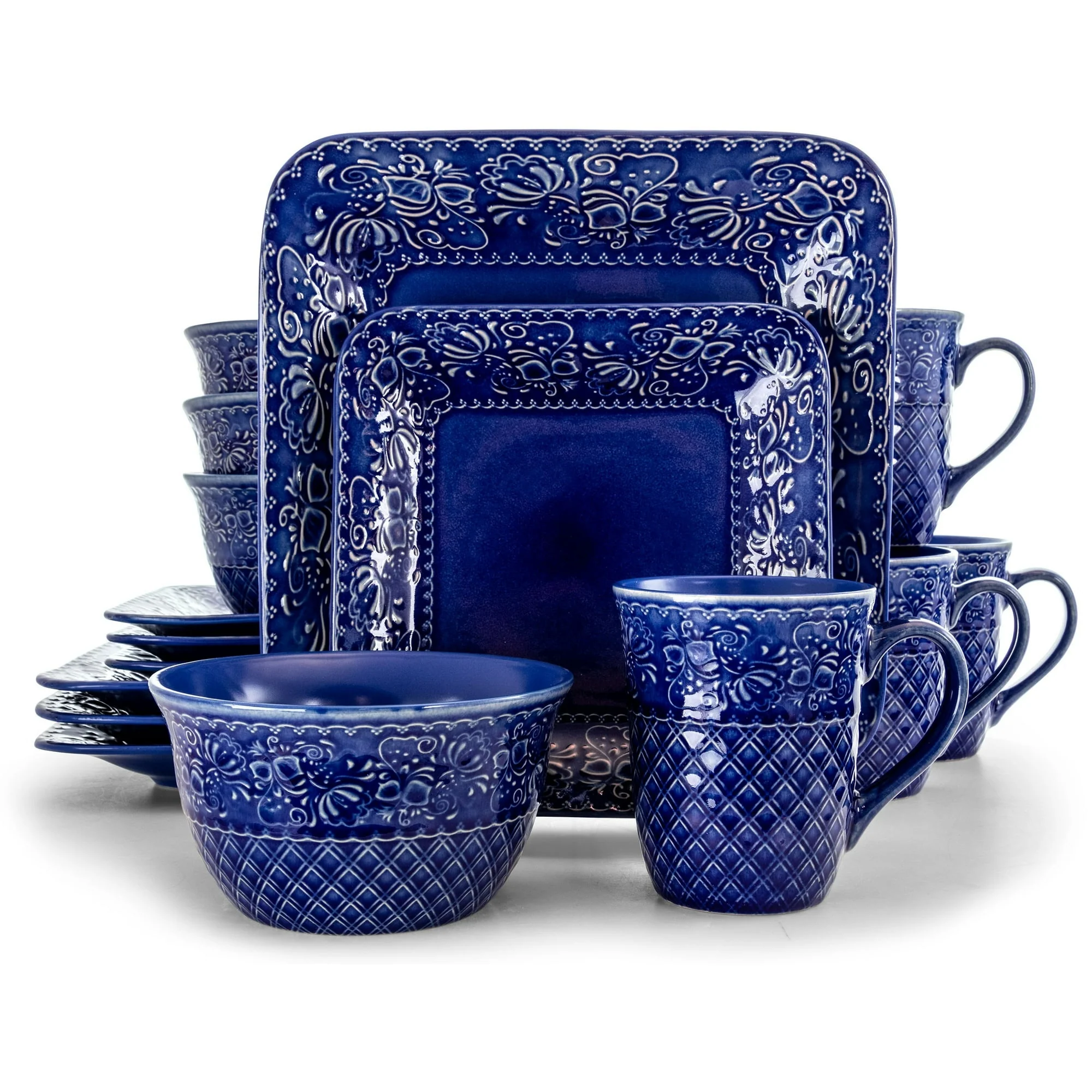 Elama Indigo Lotus 16 Pieces Square Dinnerware Set - Image 2