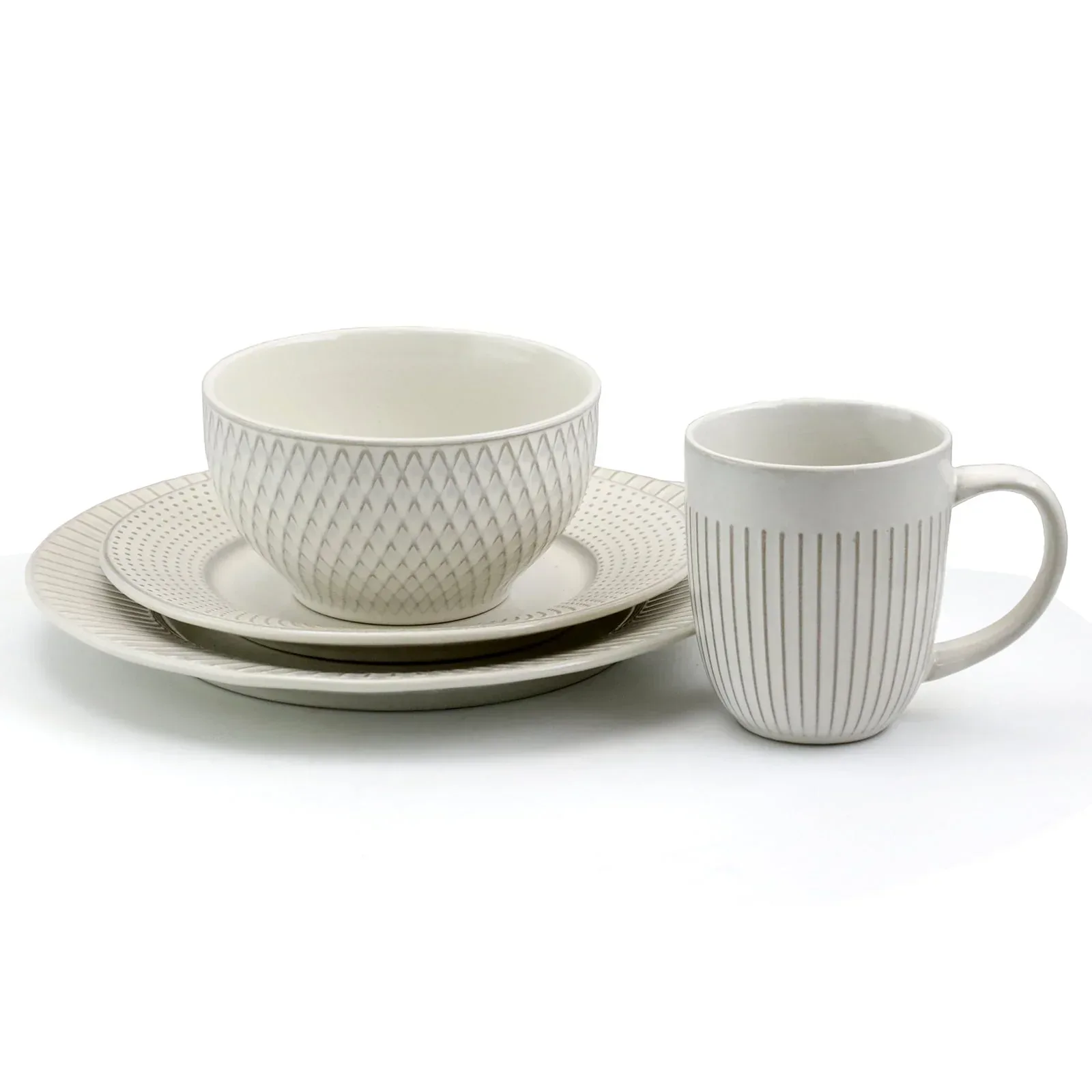 Elama Market Finds 16 Piece Round Stoneware Dinnerware Set in Embossed White - Image 7