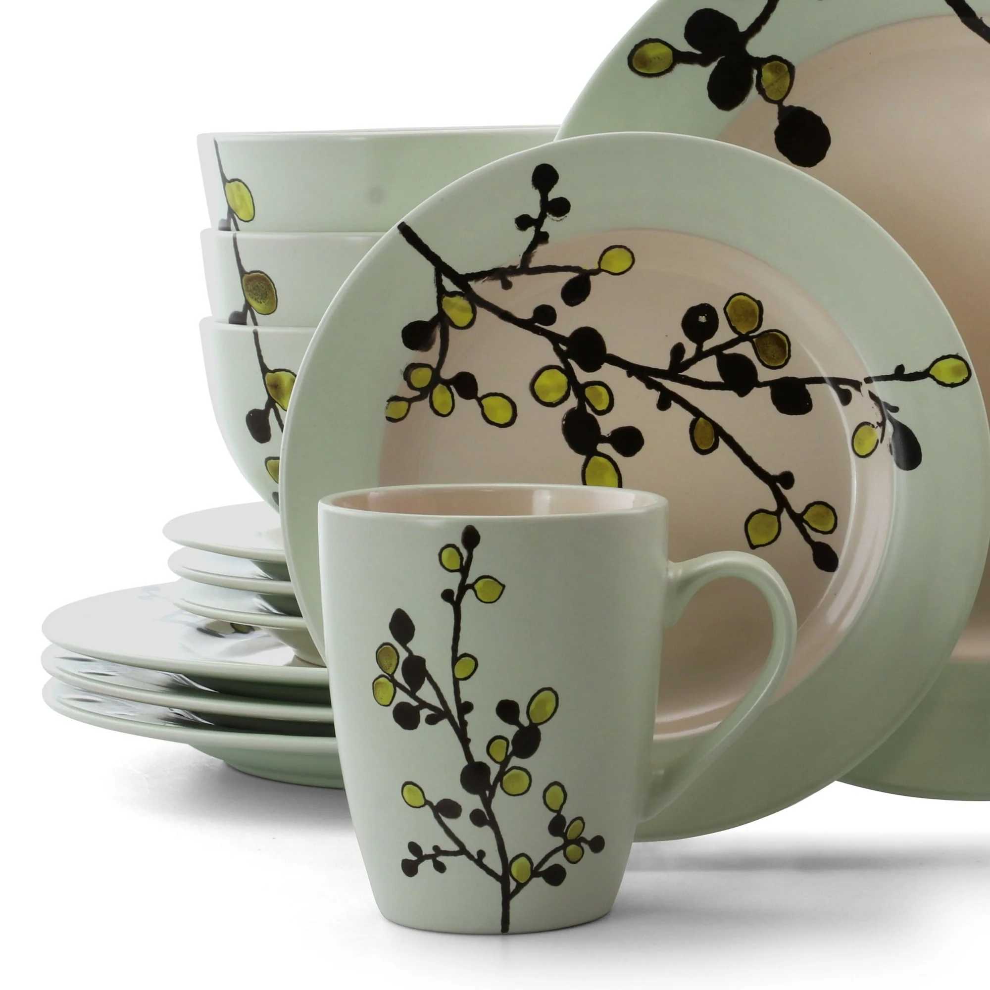 Elama Retro Bloom 16 Piece Round Stoneware Dinnerware Set in Green - Image 2