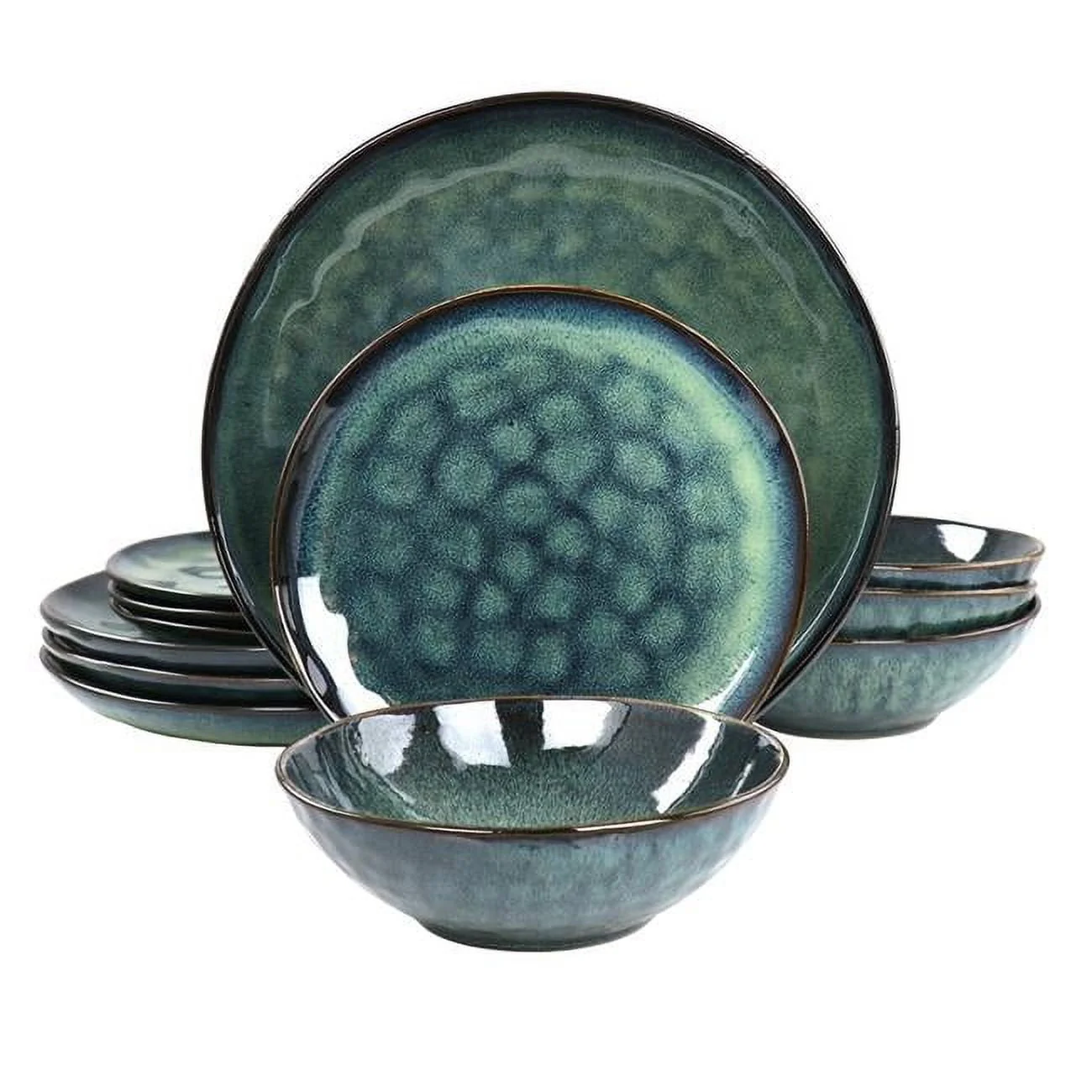 Elama Samara 12 Piece Stoneware Dinnerware Set in Blue - Image 4
