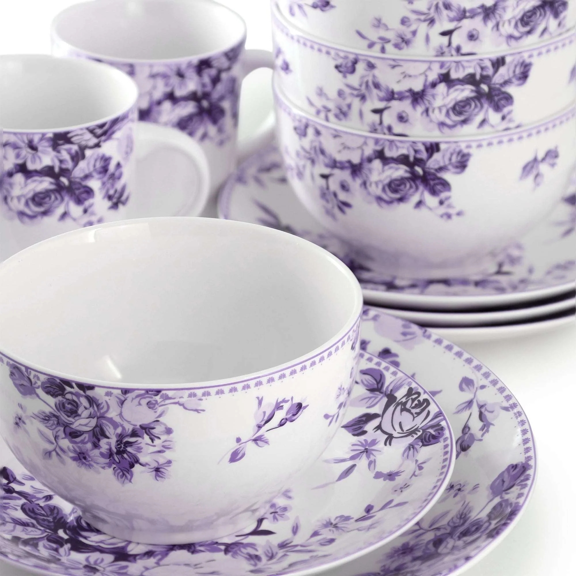 Elama Traditional Purple Rose 24 Piece Porcelain Double Bowl Dinnerware Set - Image 4