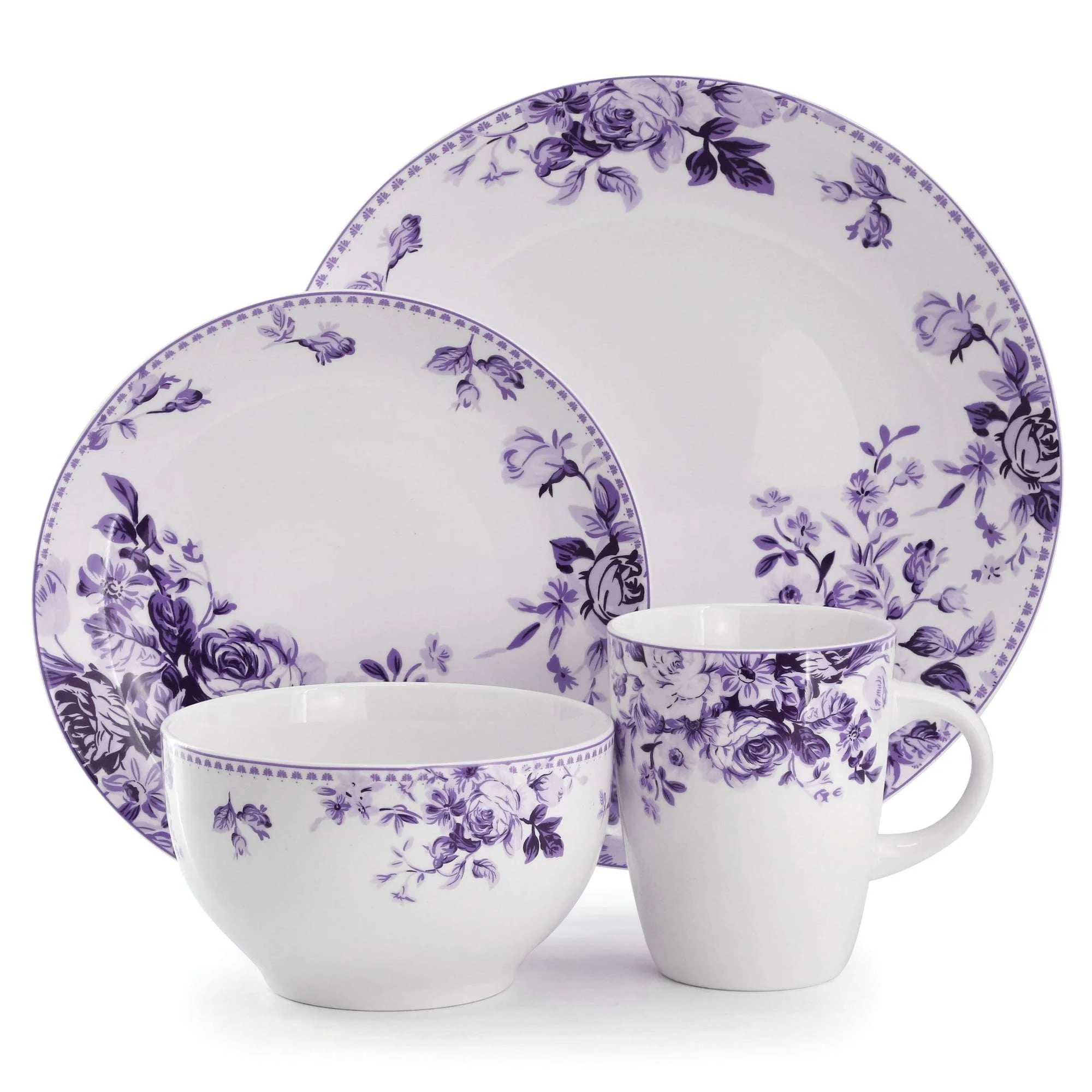 Elama Traditional Purple Rose 24 Piece Porcelain Double Bowl Dinnerware Set - Image 5