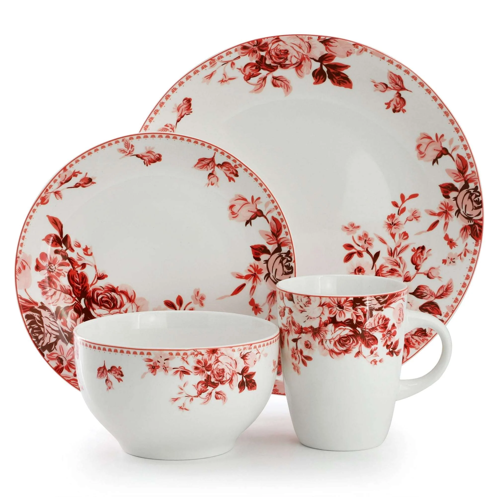 Elama Traditional Red Rose 16 Piece Stoneware Dinnerware Set - Image 2