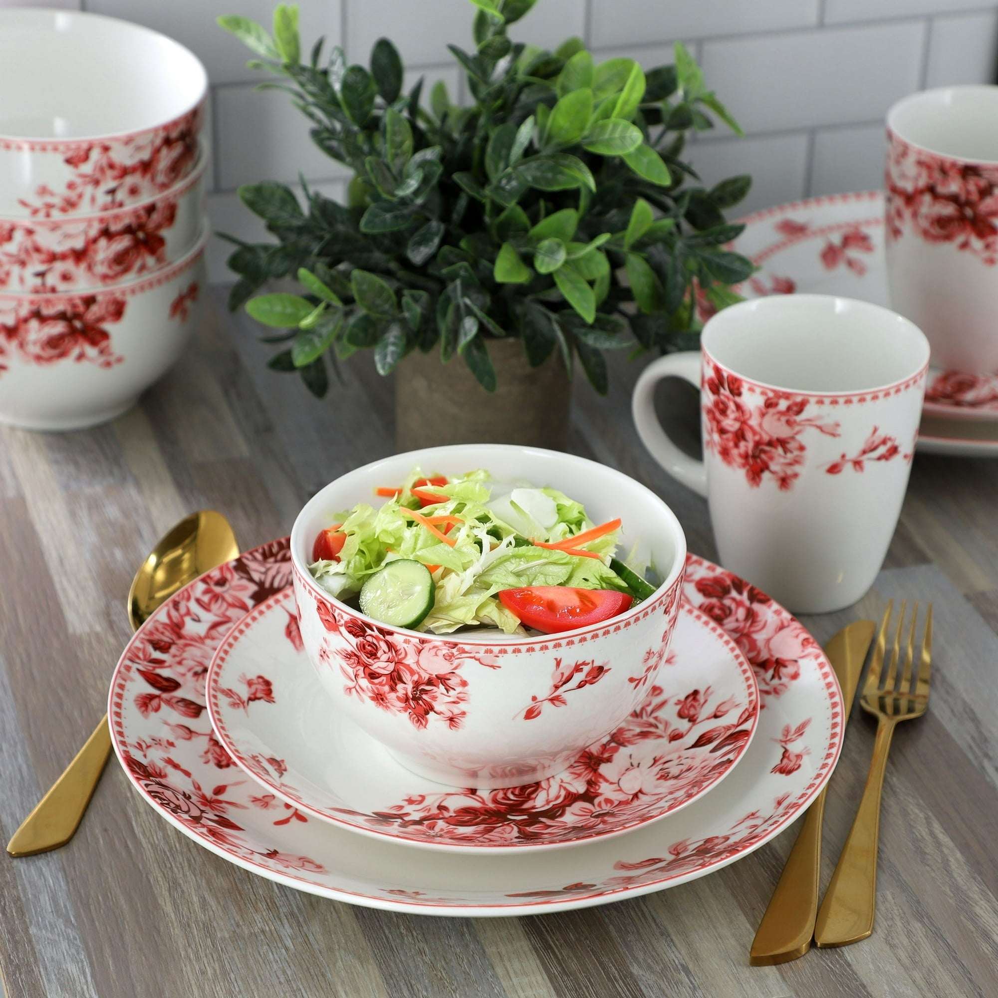 Elama Traditional Red Rose 16 Piece Stoneware Dinnerware Set - Image 3