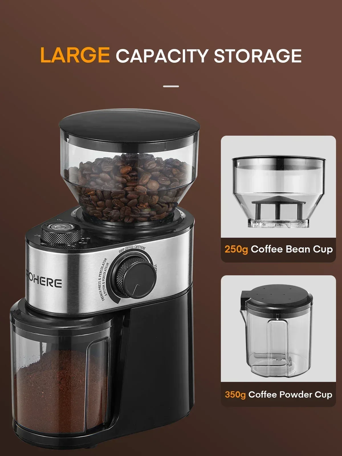 Electric Burr Coffee Grinder FOHERE, 200W Upgrade, 18 Precise Grind Settings, 2-14 Cup Adjustable, Only for Grind Coffee, Black - Image 8