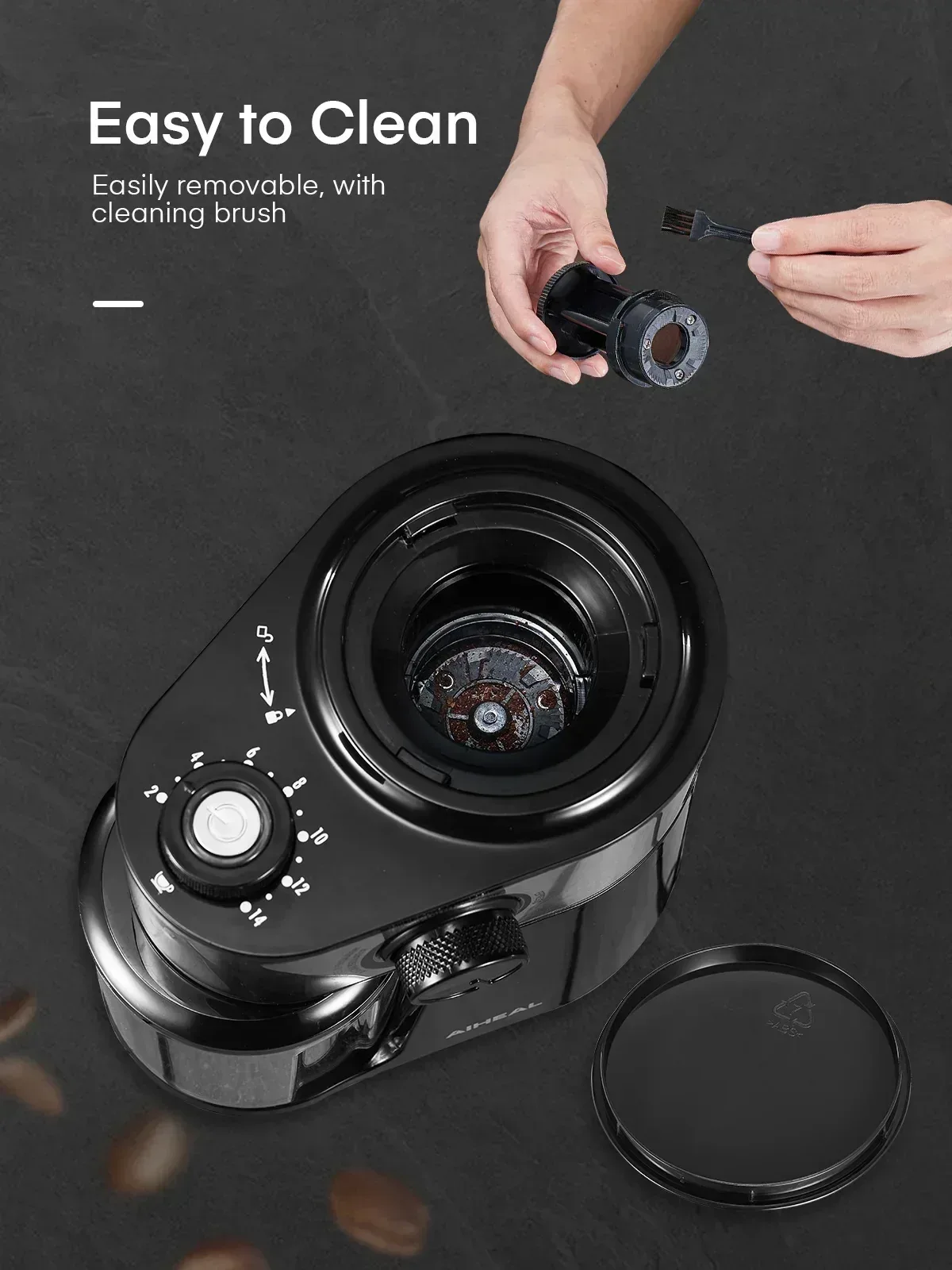 Electric Burr Coffee Grinder with 2-14 Cup Capacity, Aiheal Adjustable Burr Mill Coffee Bean Grinder with 18 Grind Settings for Espresso Drip Coffee and French Press, Black - Image 4