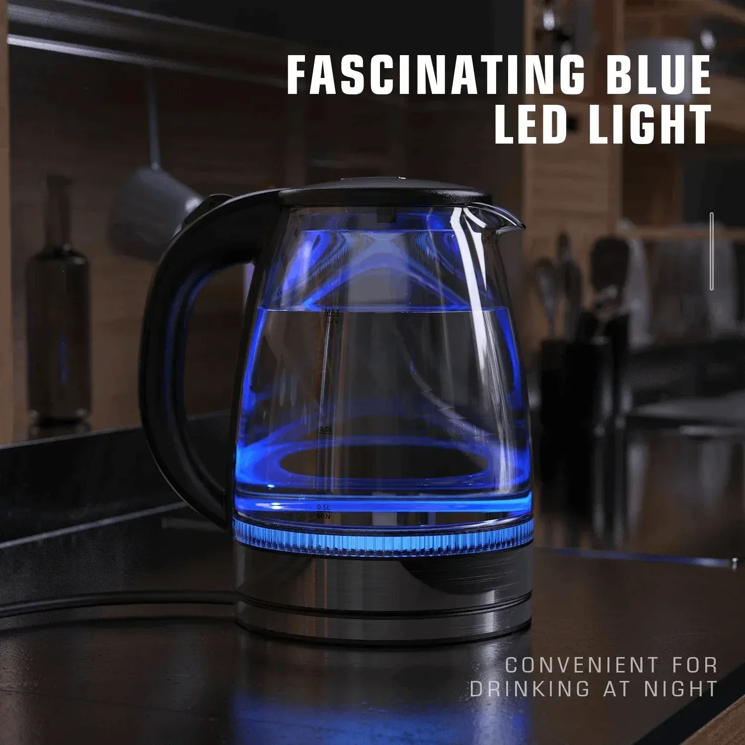 Electric Kettle, 1.7L Glass Boiler Electric Tea Kettle with Blue LED Indicator Light, Silver - Image 3