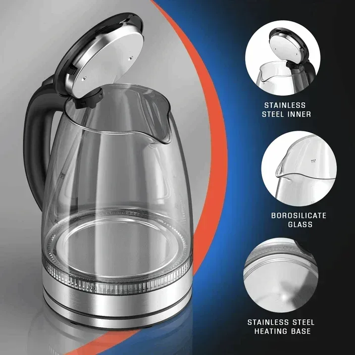 Electric Kettle, 1.7L Glass Boiler Electric Tea Kettle with Blue LED Indicator Light, Silver - Image 7