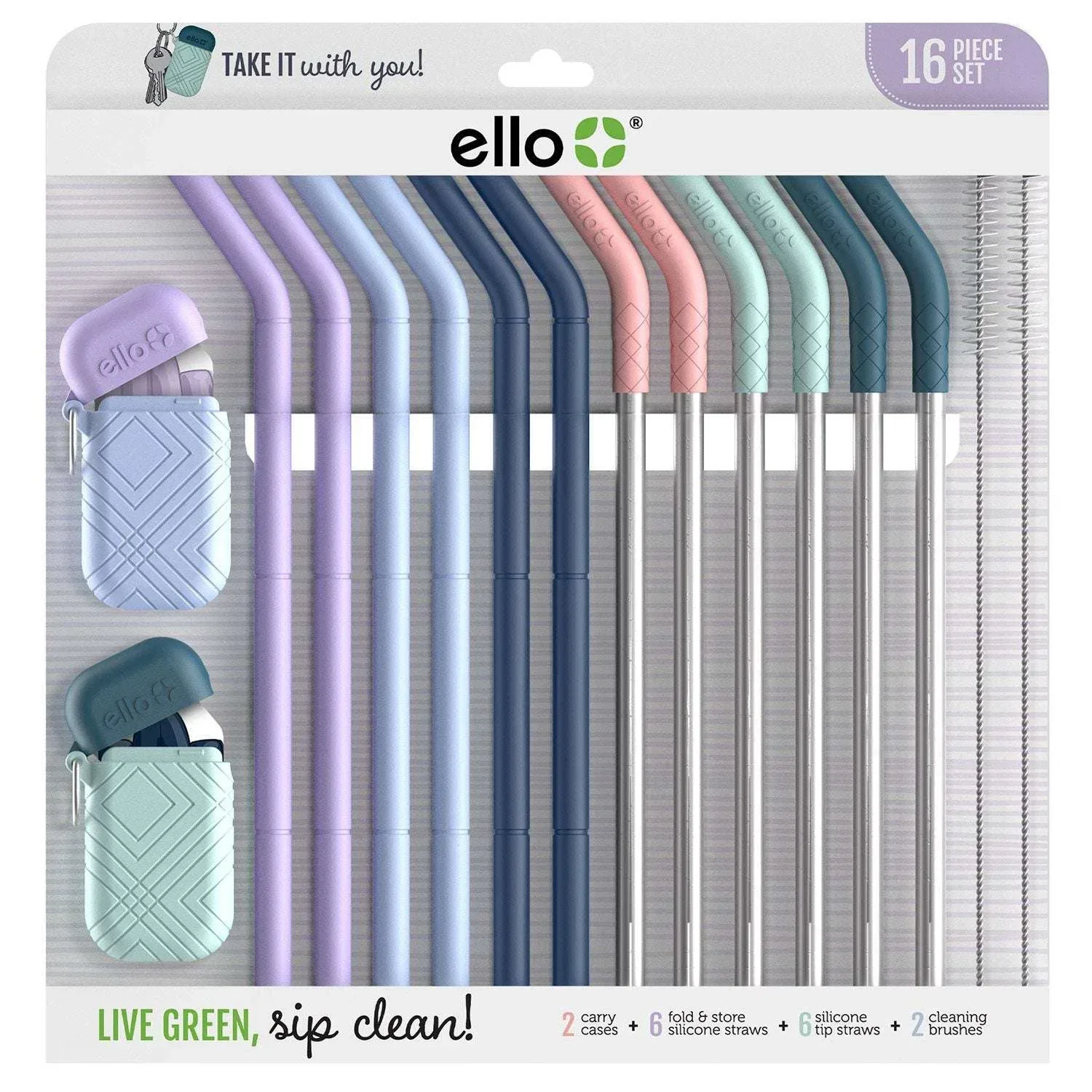 Ello 16-Piece Reusable Straw Set with Cleaning Brush