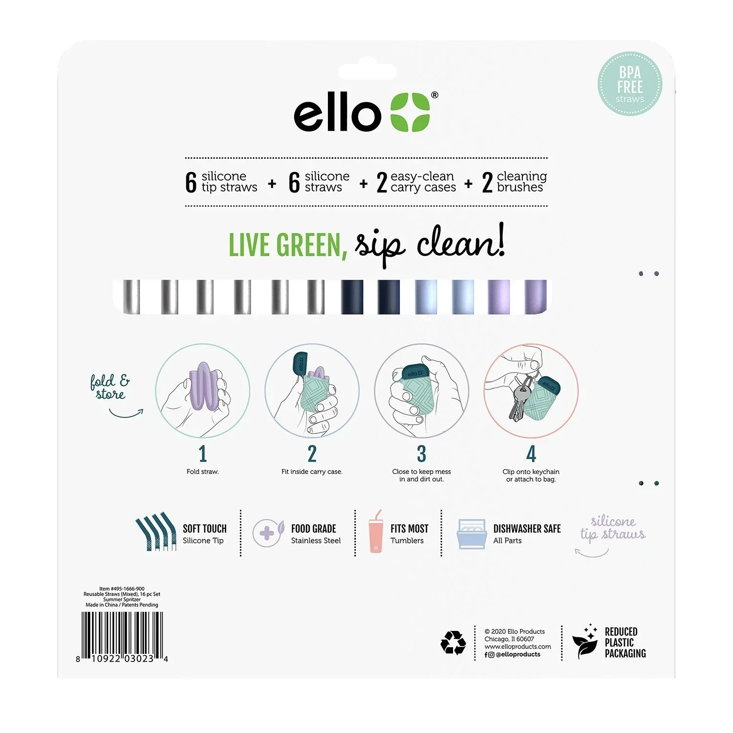 Ello 16-Piece Reusable Straw Set with Cleaning Brush - Image 4