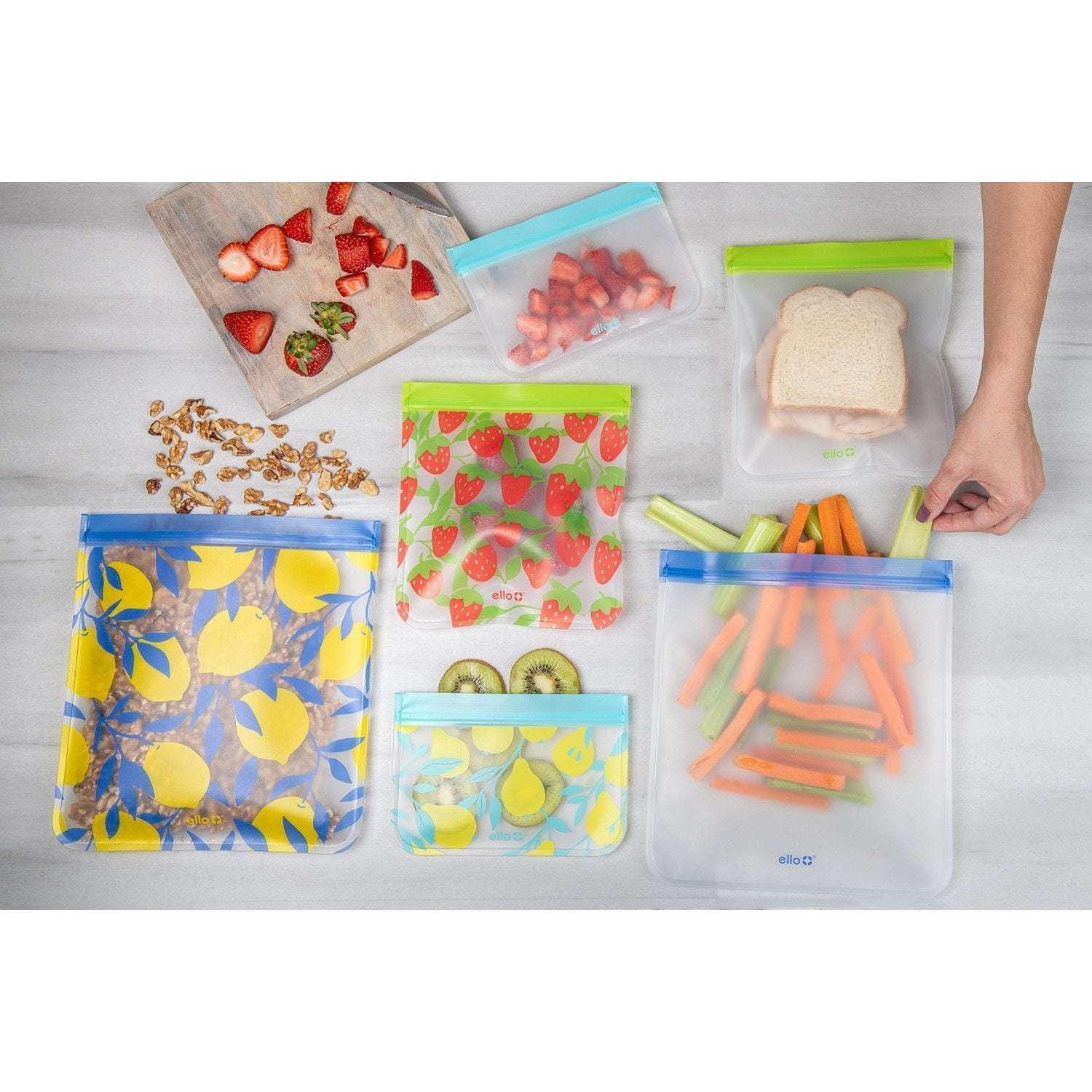 Ello Plastic Reusable Food Storage Bags 12 Pack, Summer Fruits