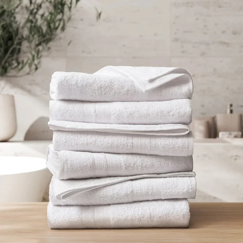 Enova Recycled Cotton Bath Towels for Hospitality and Home, White, Set of 6