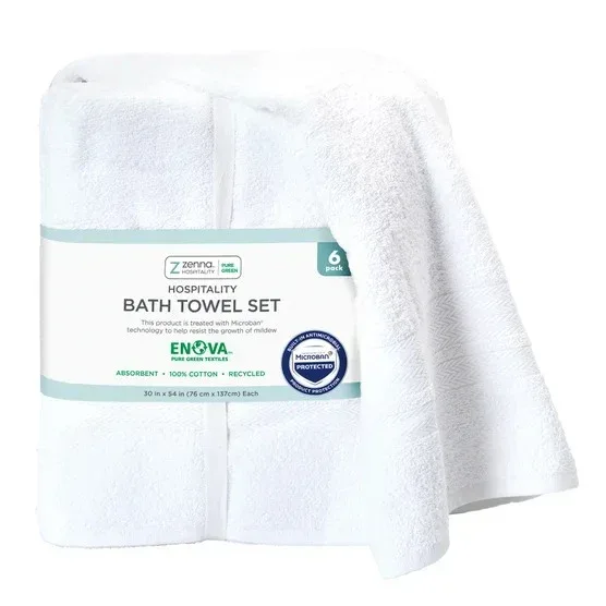 Enova Recycled Cotton Bath Towels for Hospitality and Home, White, Set of 6 - Image 2