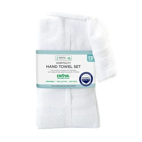 Enova Recycled Cotton Hand Towels for Hospitality and Home, White, Set of 12 - Image 2