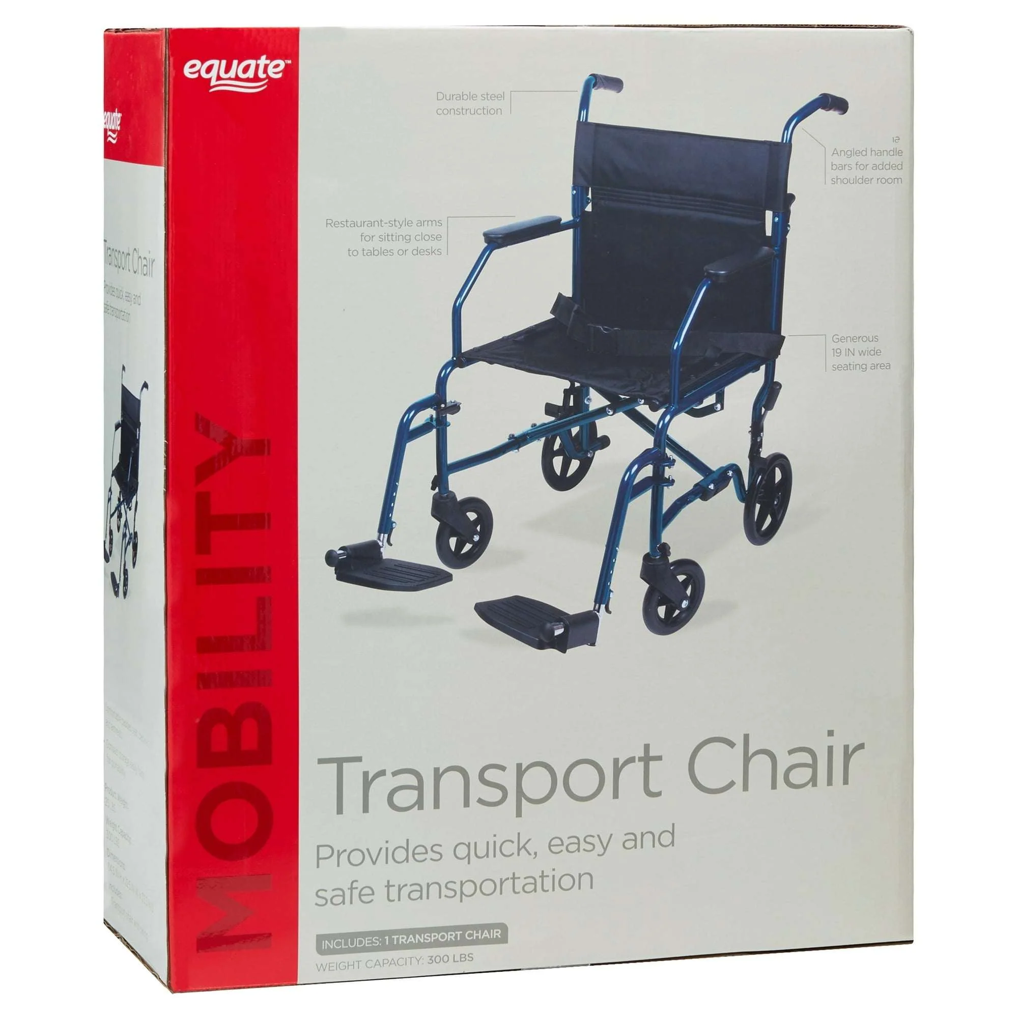 Equate Steel Folding Transport Wheelchair with 19" Seat, Black, 300 lb Weight Capacity - Image 3