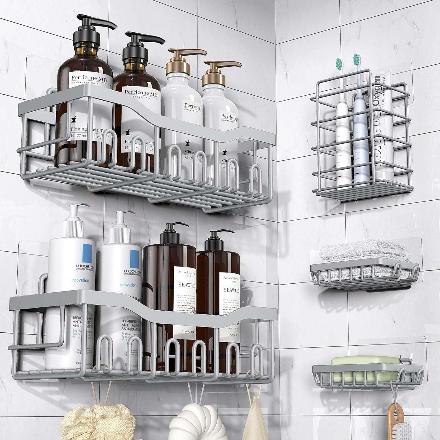 EUDELE Adhesive Shower Caddy, 5 Pack Rustproof Stainless Steel Bath Organizers With Large Capacity, No Drilling Shelves for Bathroom Storage & Home Decor - Image 10