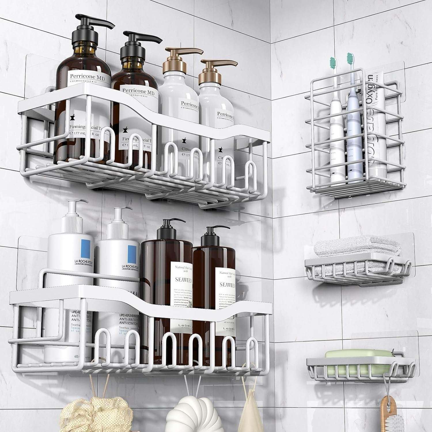 EUDELE Adhesive Shower Caddy, 5 Pack Rustproof Stainless Steel Bath Organizers With Large Capacity, No Drilling Shelves for Bathroom Storage & Home Decor - Image 11