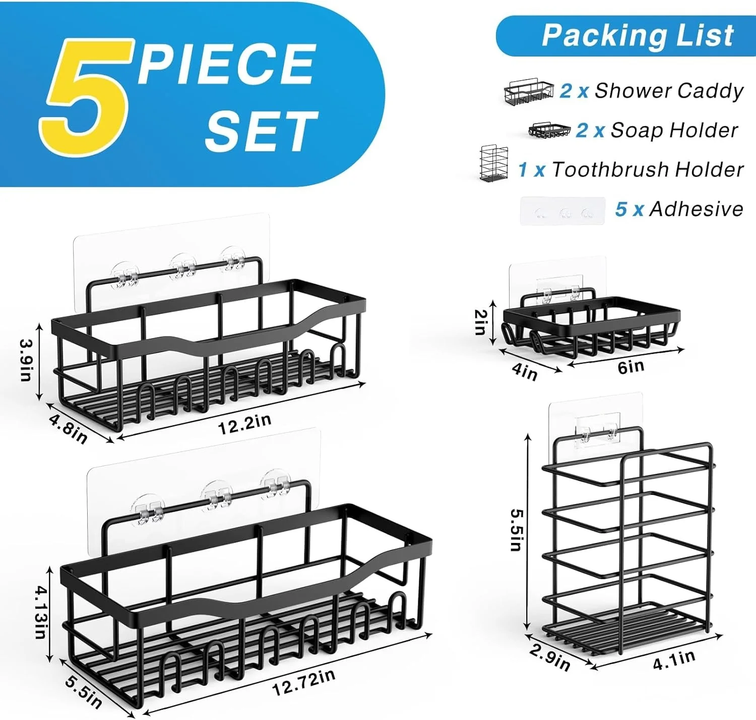 EUDELE Adhesive Shower Caddy, 5 Pack Rustproof Stainless Steel Bath Organizers With Large Capacity, No Drilling Shelves for Bathroom Storage & Home Decor - Image 2