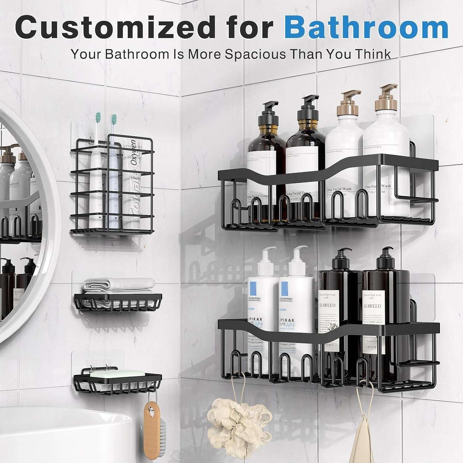 EUDELE Adhesive Shower Caddy, 5 Pack Rustproof Stainless Steel Bath Organizers With Large Capacity, No Drilling Shelves for Bathroom Storage & Home Decor - Image 7