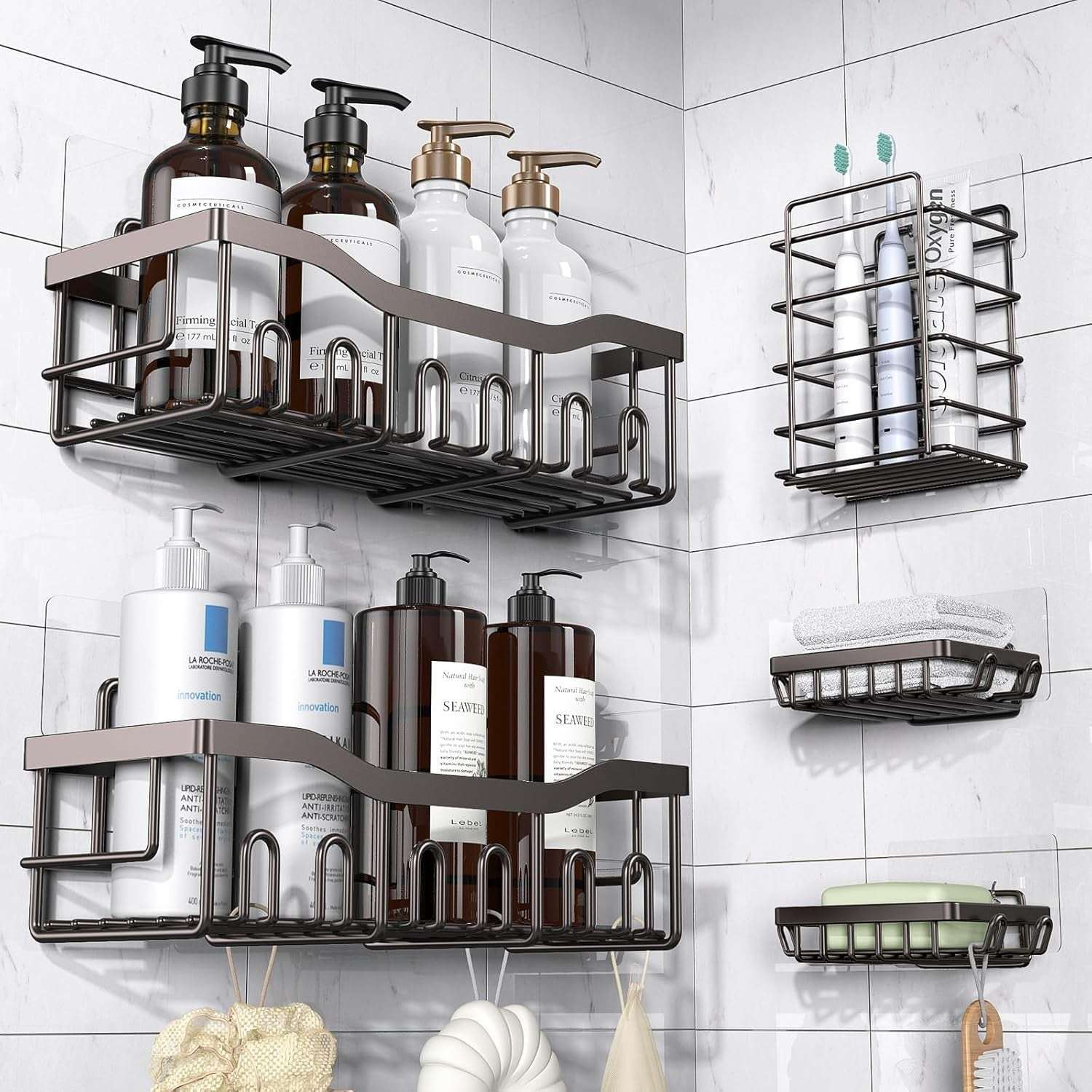 EUDELE Adhesive Shower Caddy, 5 Pack Rustproof Stainless Steel Bath Organizers With Large Capacity, No Drilling Shelves for Bathroom Storage & Home Decor - Image 8