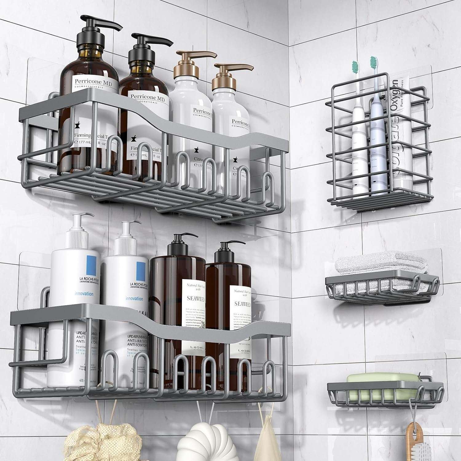 EUDELE Adhesive Shower Caddy, 5 Pack Rustproof Stainless Steel Bath Organizers With Large Capacity, No Drilling Shelves for Bathroom Storage & Home Decor - Image 9