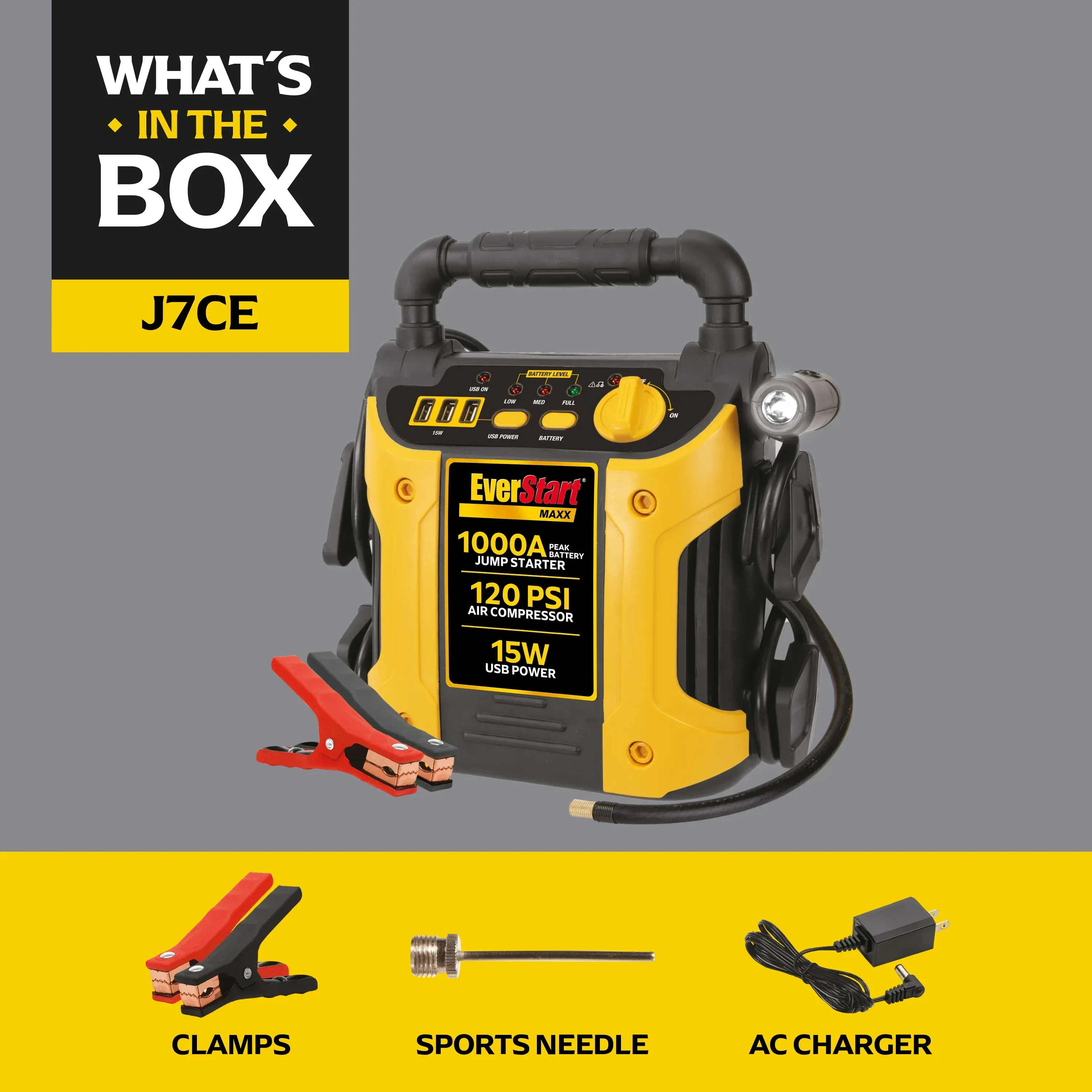 EverStart Maxx 1000 Peak Amp Jump Starter with 120 PSI Compressor, Pivoting LED Light, 3X USB Ports - Image 2