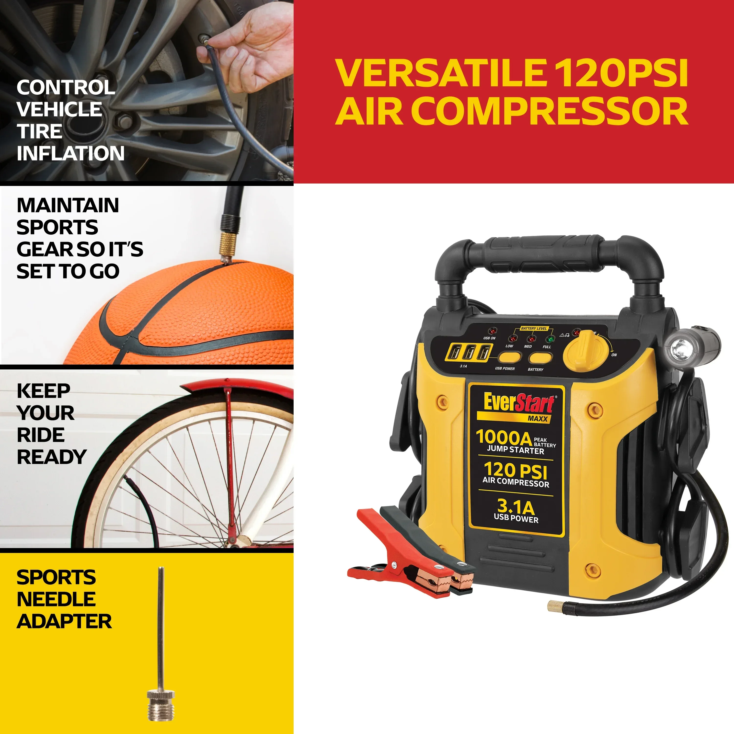 EverStart Maxx 1000 Peak Amp Jump Starter with 120 PSI Compressor, Pivoting LED Light, 3X USB Ports - Image 3